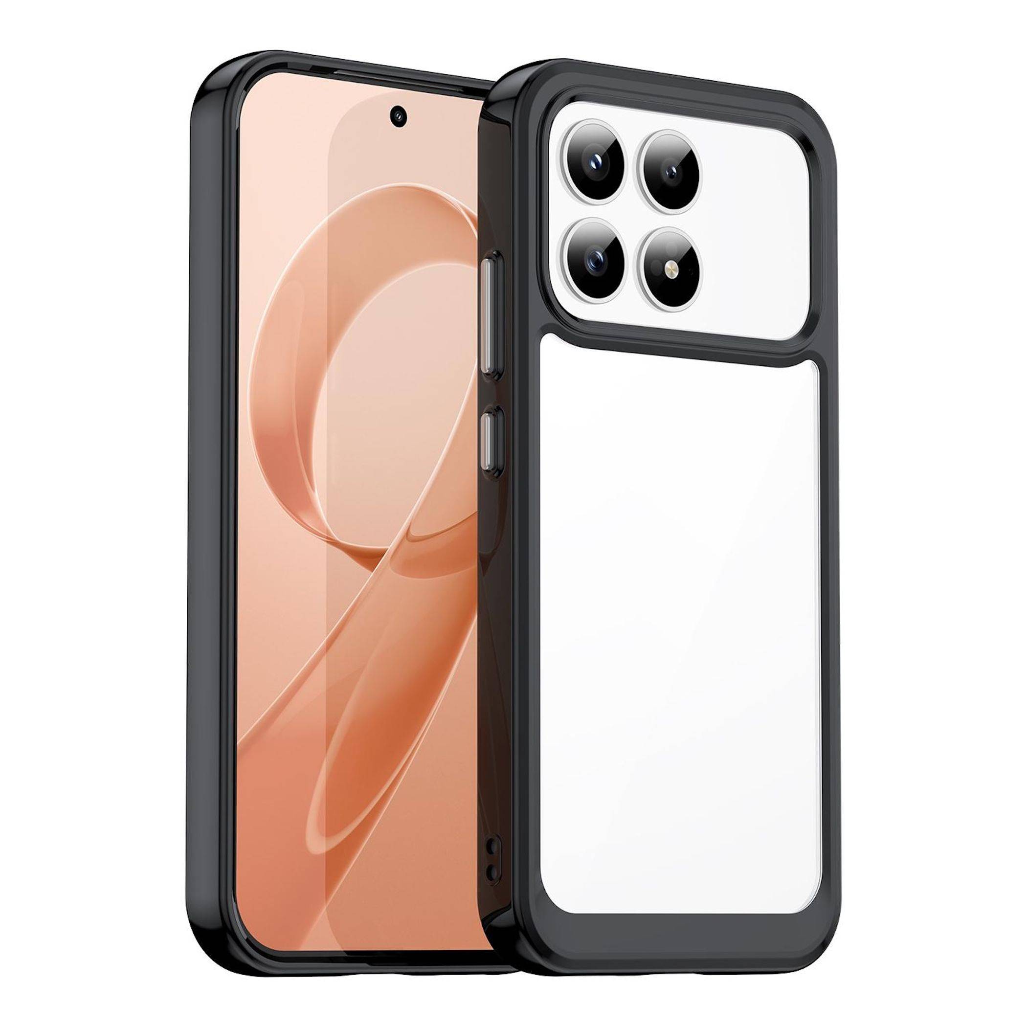 Zwei schwarzgerahmte Smartphones, von vorne und hinten gezeigt, mit einer dreifachen Hinterkamera und einem pfirsichfarbenen abstrakten Hintergrundbild auf dem Display.
