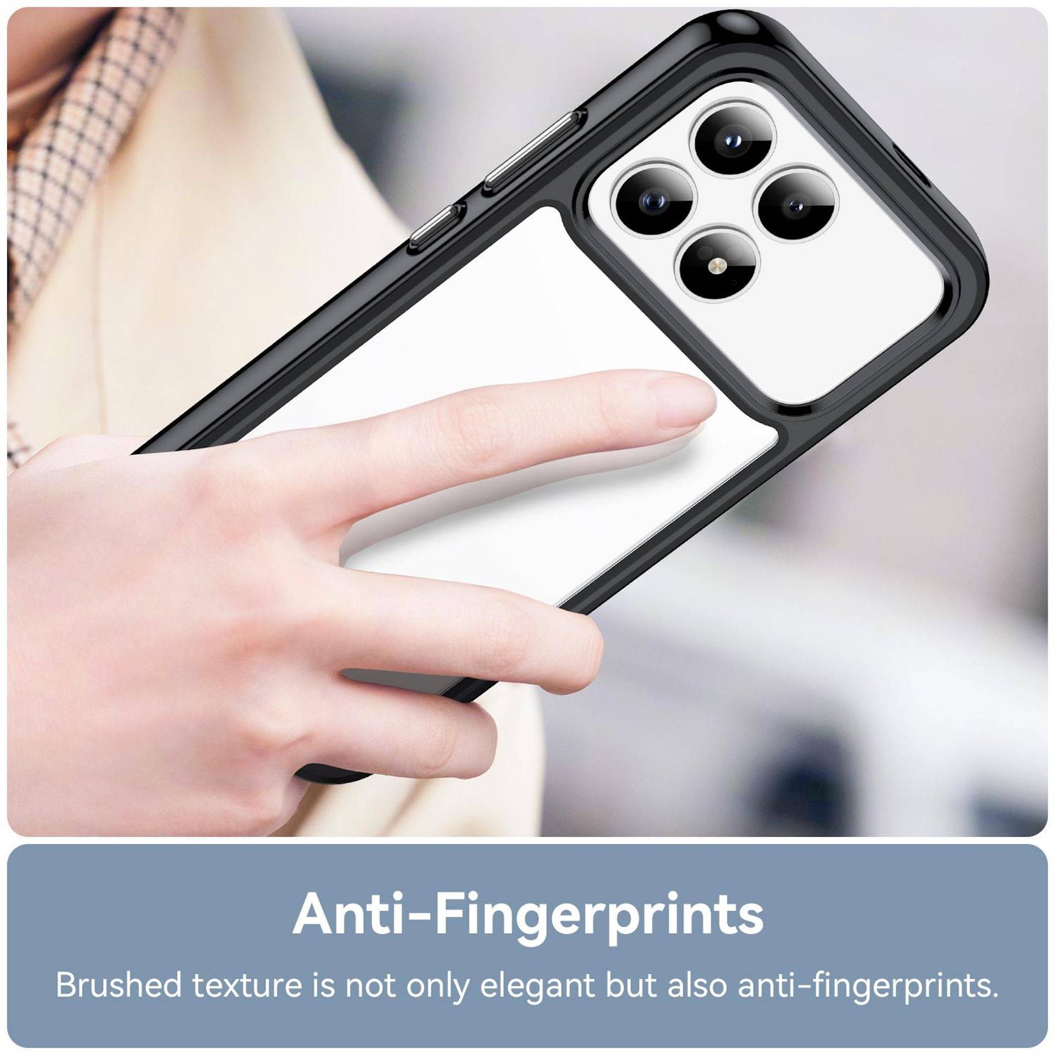 Hand hält ein schwarzes Telefongehäuse mit einem großen Kameraausschnitt; die Beschriftung sagt „Antifingerabdrücke