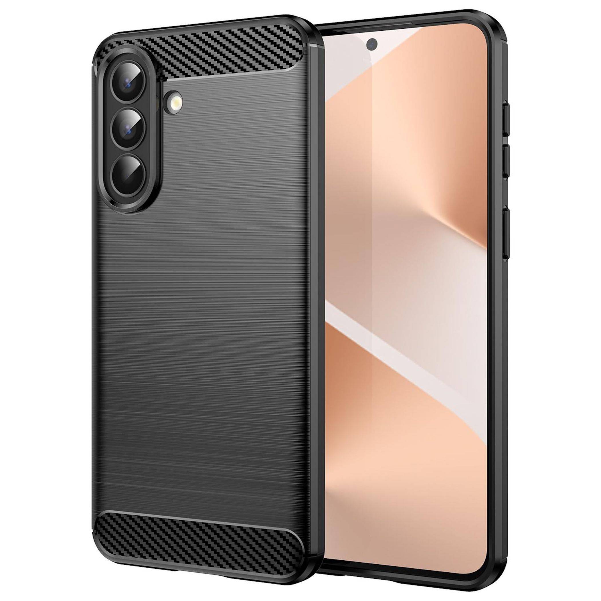 Schwarze strukturierte Smartphone-Schutzhülle auf einem Telefon mit erhöhten Kanten und ausgeschnittenem Triple-Rückfahrtsystem; vorderes Display sichtbar.