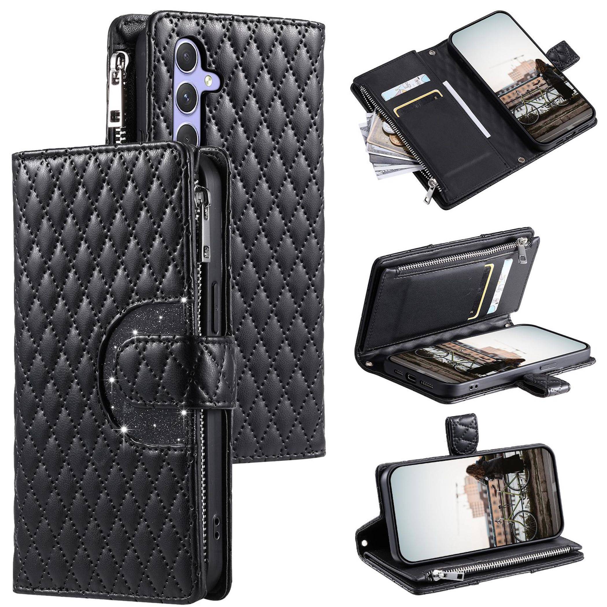 Schwarzes gestepptes Telefon-Geldbeutel-Etui mit Kartenfächern, Reißverschlusstasche und Ständer, geöffnet dargestellt, mit Telefon und Karten aus verschiedenen Blickwinkeln.