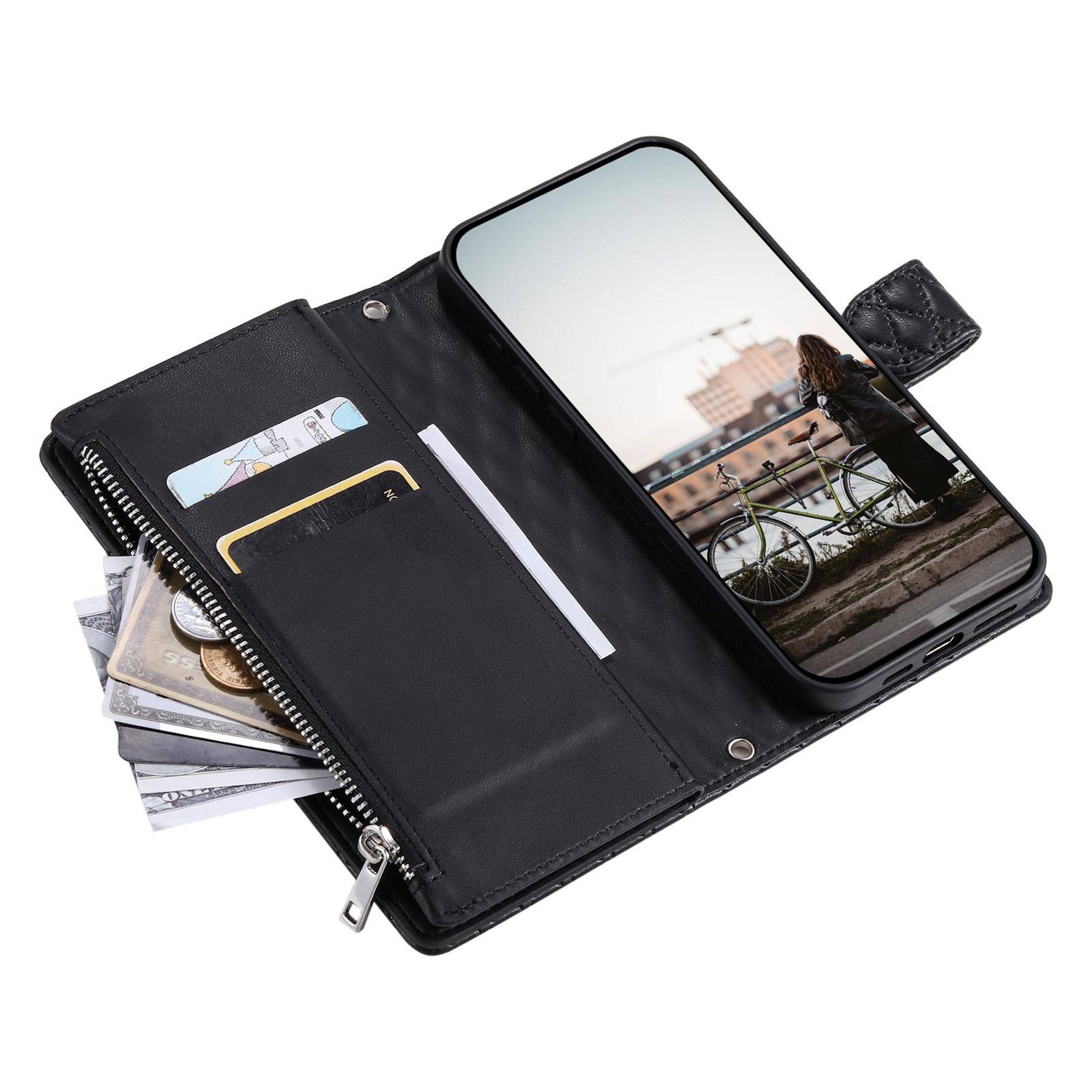 Schwarze Telefongeldbörse mit Kartensteckplätzen und Geldtasche, aufgeklappt mit einem Smartphone und gefalteten Scheinen darin.