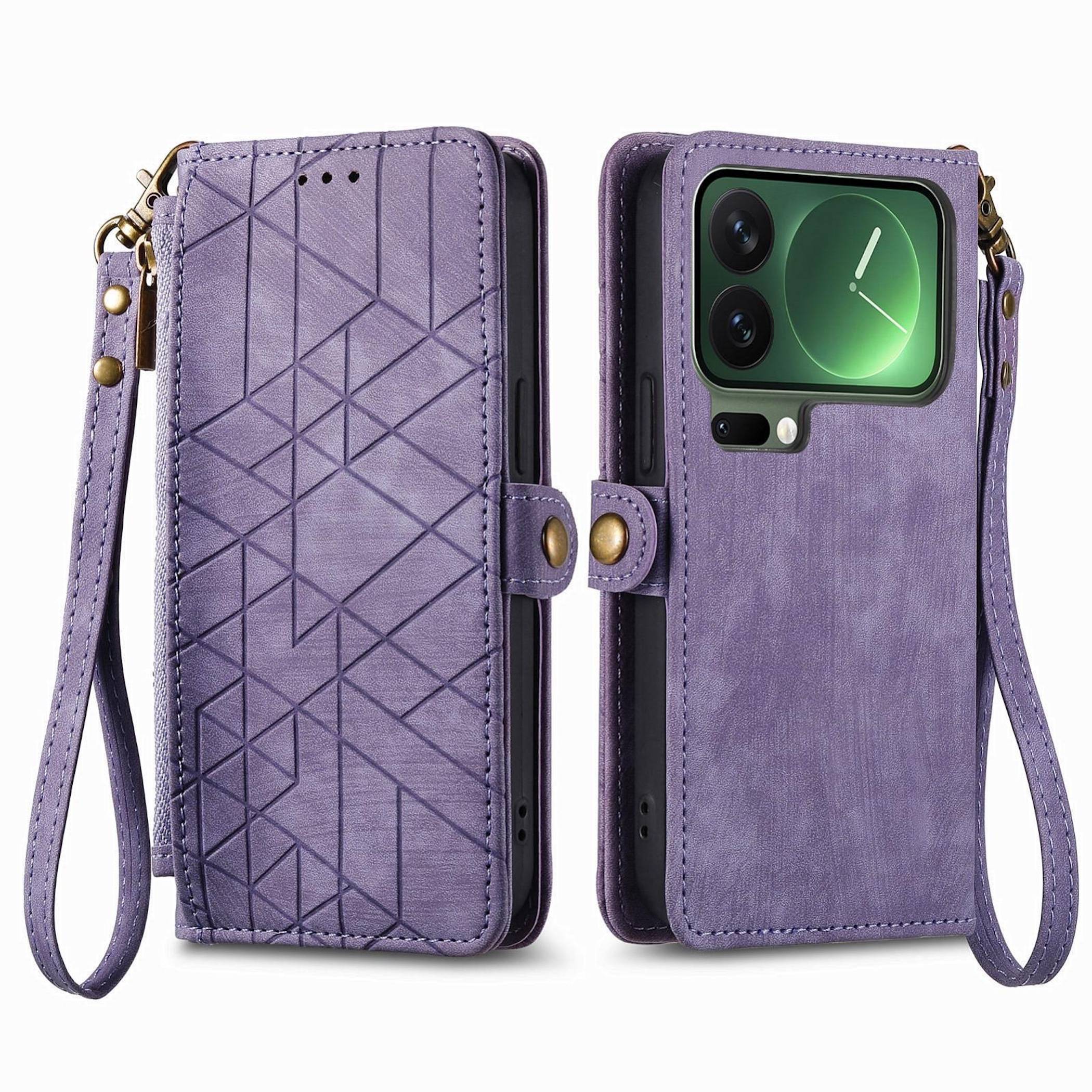 Violettes Leder-Handytaschenetui, von vorne und hinten gezeigt, mit geometrischen Steppnähten, Kameraausschnitt, Knopfverschluss und Handgelenkschlaufe.