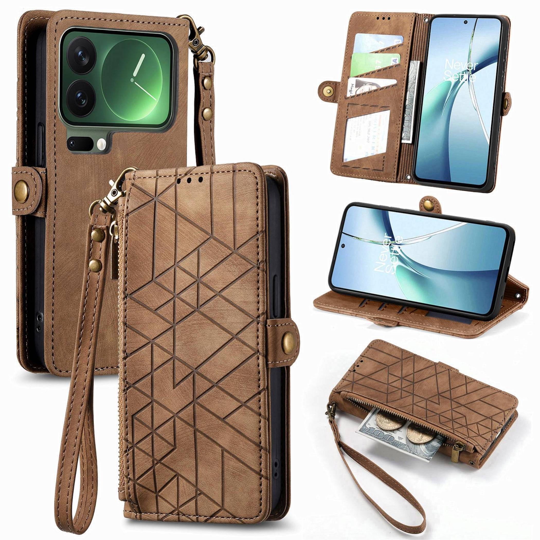 Braune Lederbrieftasche-Handyhülle, geöffnet und geschlossen dargestellt, mit Kartenfächern, Handgelenkschlaufe und Standfunktion für ein Smartphone.