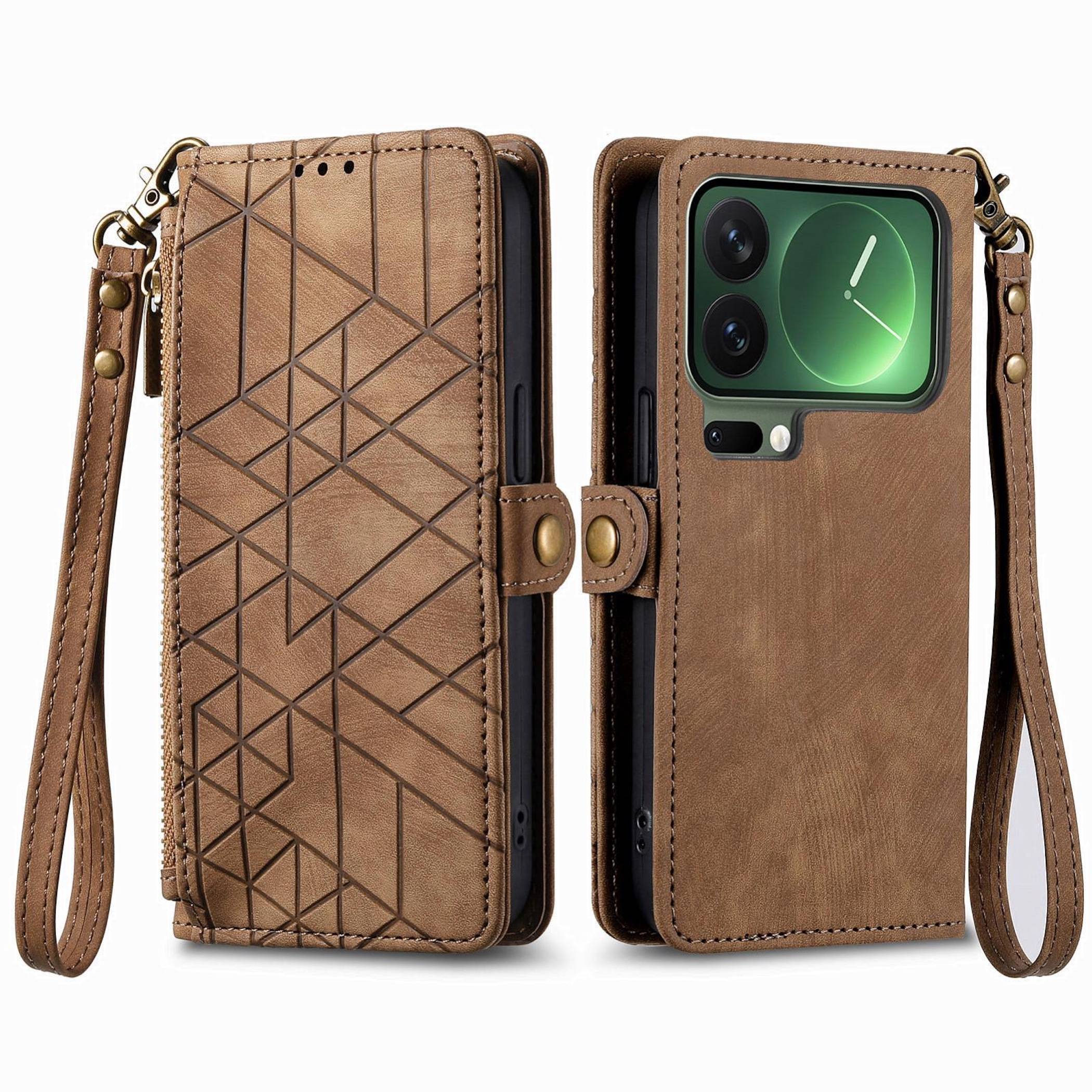 Braunes Leder-Klapptelefon-Geldbörsen-Etui, von vorne und von hinten gezeigt, mit Handgelenkriemen und kartenförmigen Kameraausschnitten.