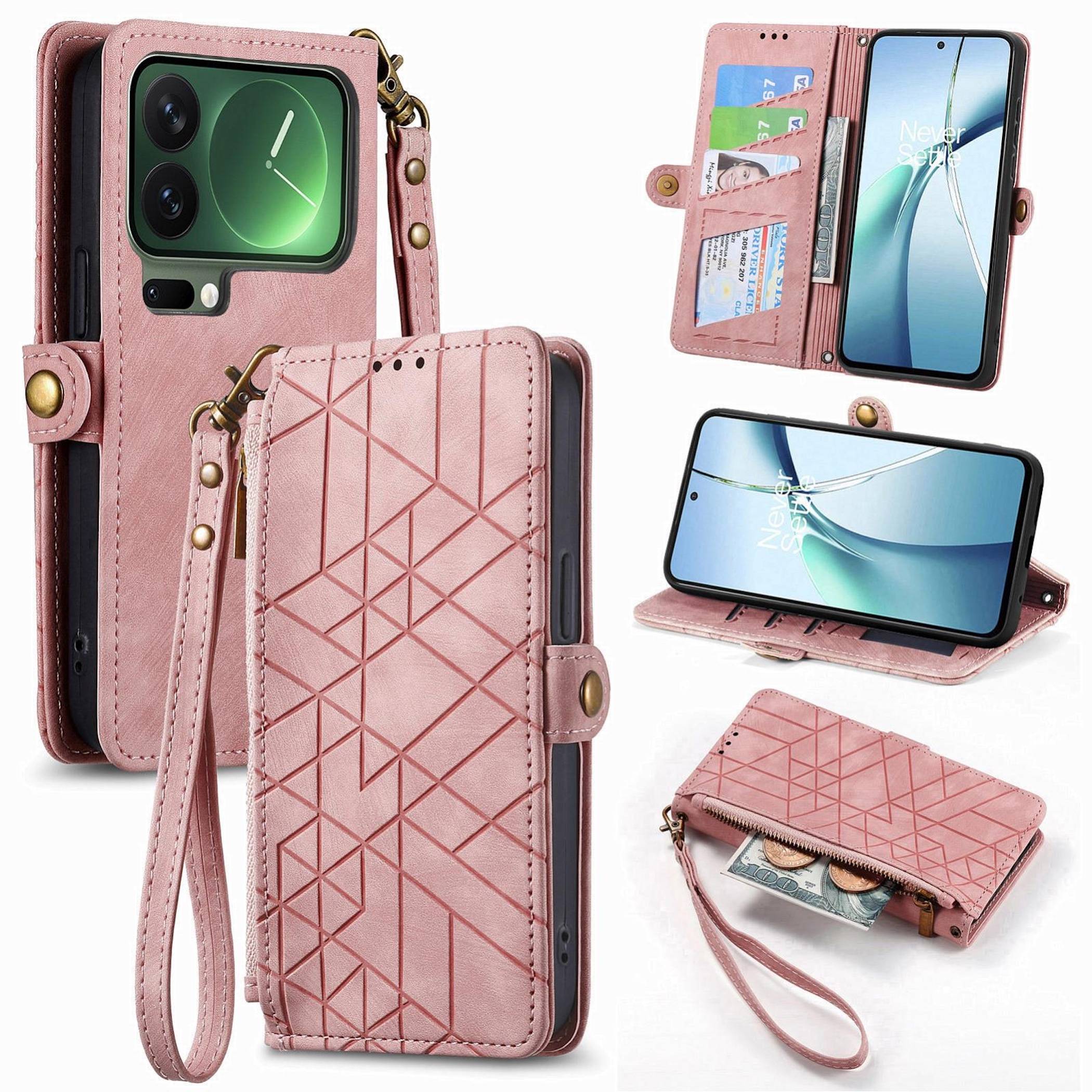Rosa geometrische Smartphone-Geldbörse, gezeigt geschlossen, geöffnet mit Kartensteckplätzen und als Ständer für ein Smartphone.