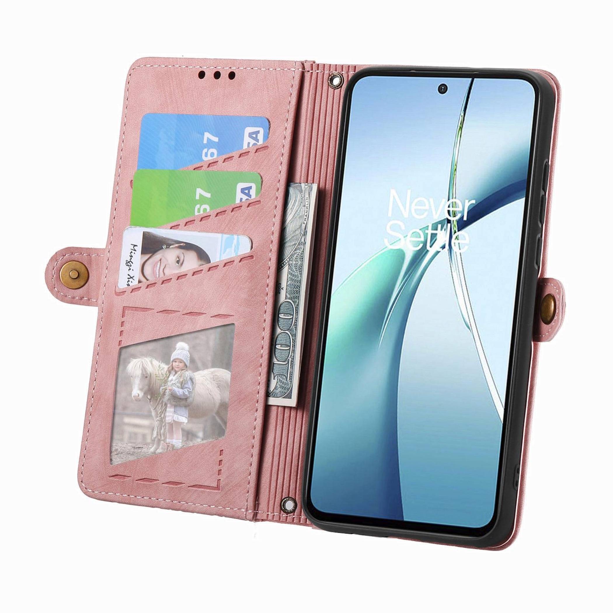 Rosa Geldbörsen-Handyhülle mit Smartphone, mit sichtbaren Kartensteckplätzen und Geldtasche auf der linken Seite.