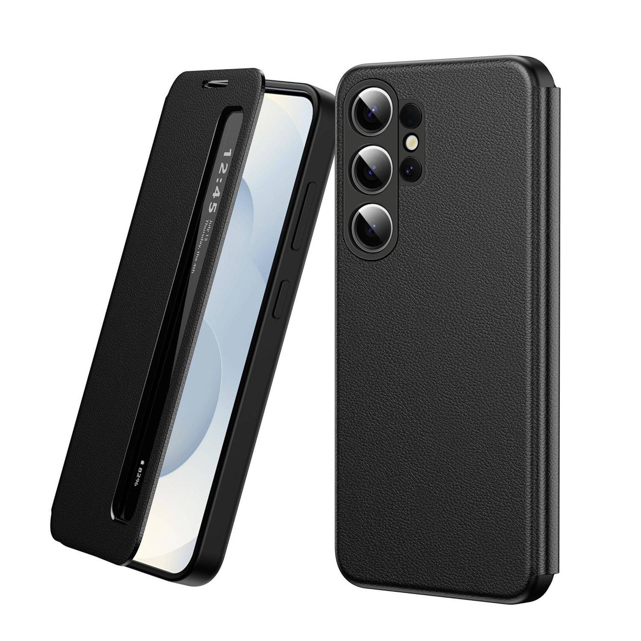 Schwarze lederstrukturierte Handyhülle in offener und geschlossener Position mit verschiebbarem Frontcover und dreifachen Kameraausschnitten für ein Samsung Galaxy-ähnliches Telefon.