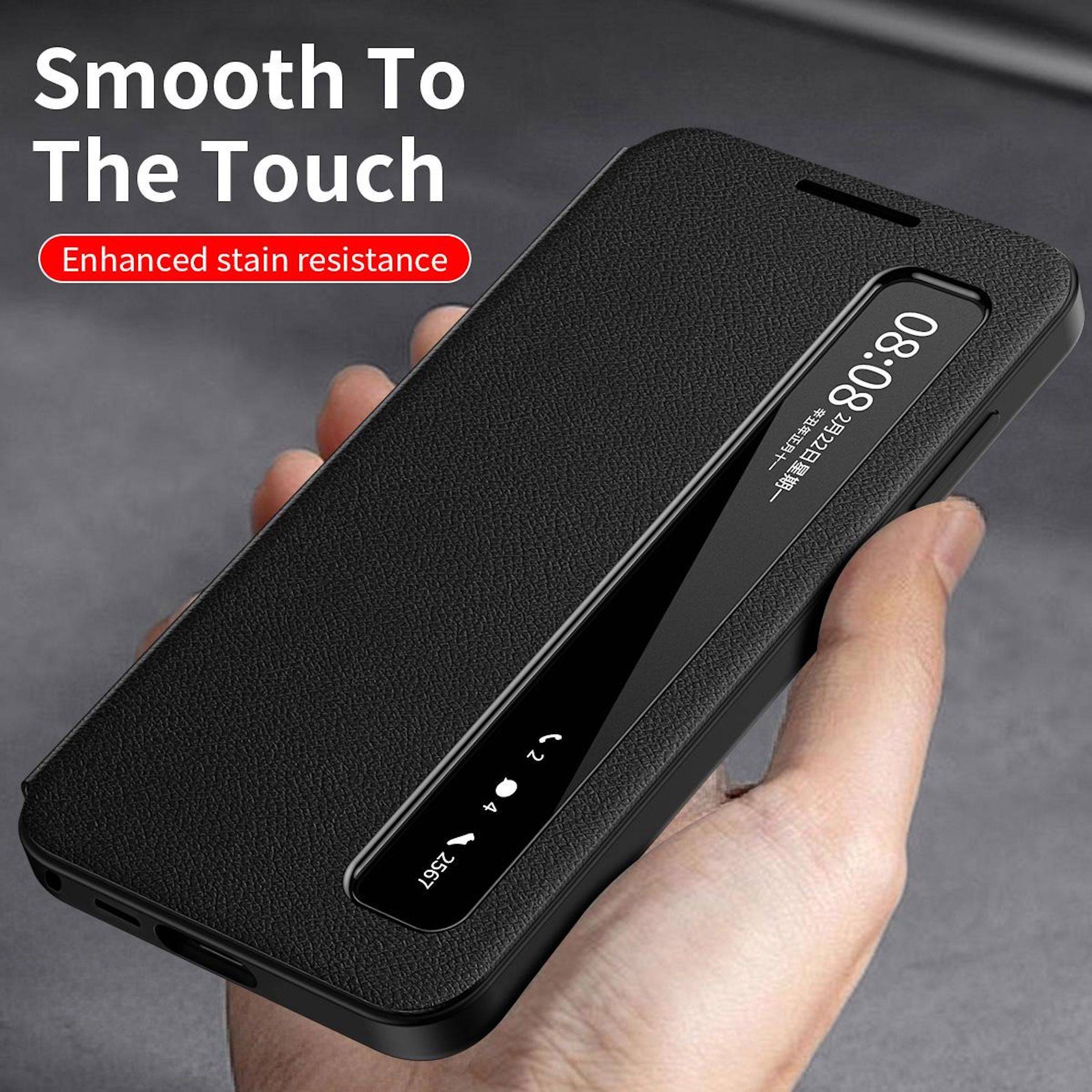 Schwarze strukturierte Smartphone-Hülle mit transparentem Fenster zur Anzeige des Telefonbildschirms, gekennzeichnet mit „Smooth To The Touch