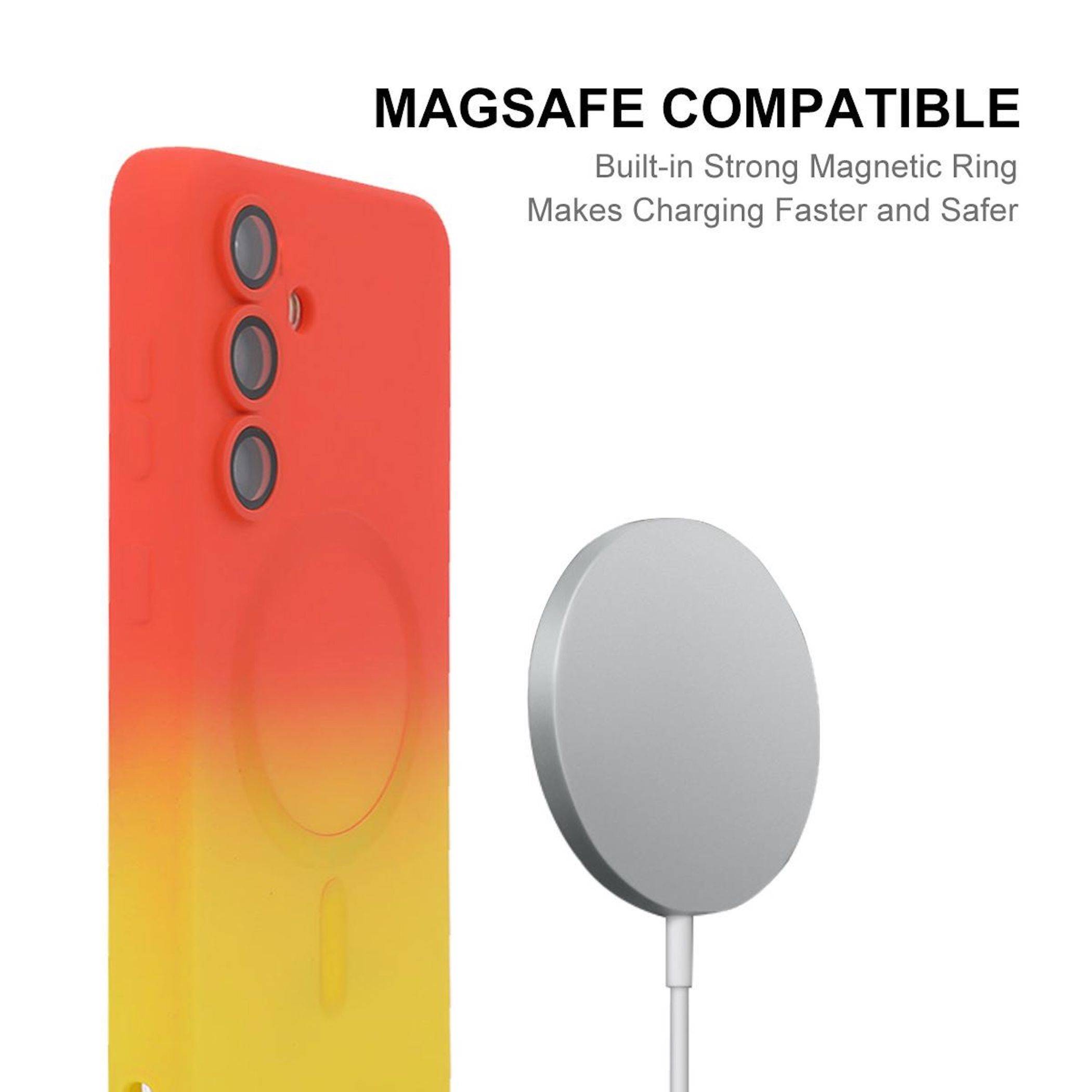Rot-gelbes Handyhülle mit integriertem Magnetring, gekennzeichnet mit „MAGSAFE KOMPATIBEL
