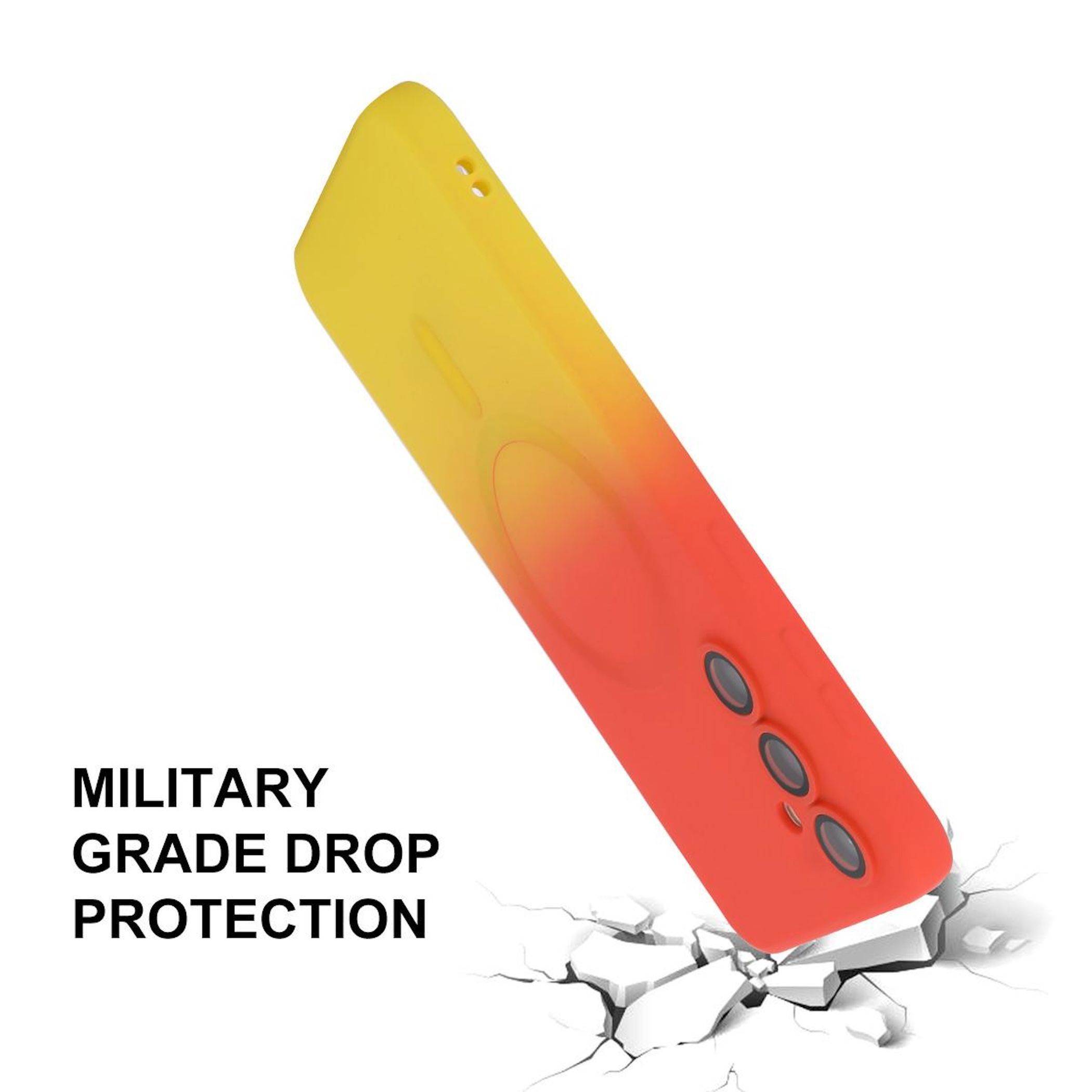 Gelb-rotes robustes Handygehäuse, das vor einem Sturz schützt, mit dem Text „MILITÄRISCHER SCHUTZSTANDARD BEI STURZ