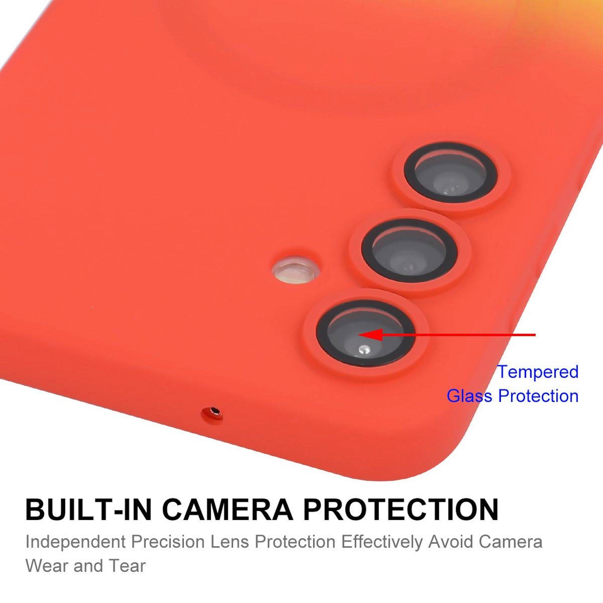 Rote Handyhülle mit erhöhtem integriertem Kameraschutz um drei rückwärtige Objektive, gekennzeichnet mit „BUILT-IN CAMERA PROTECTION