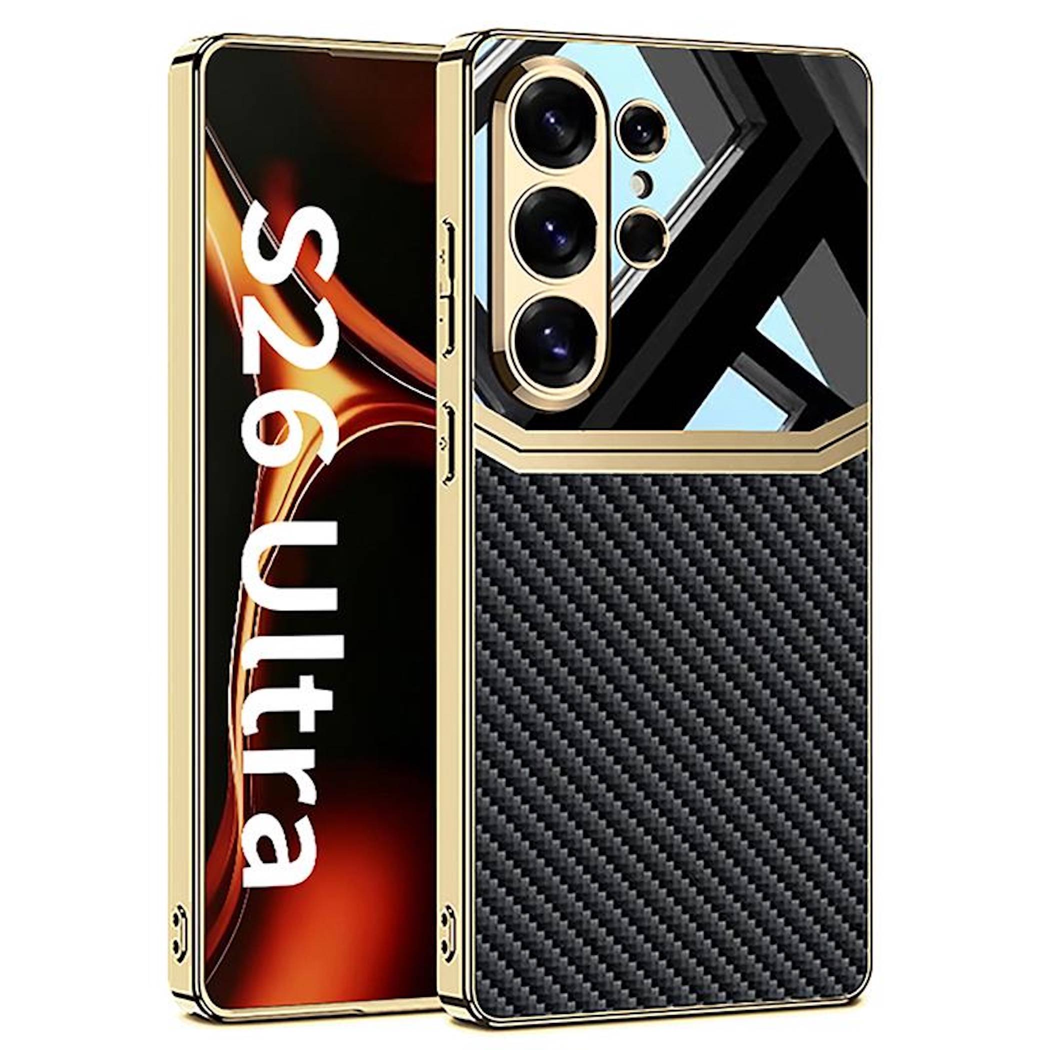 Zwei Ansichten einer Samsung Galaxy S26 Ultra Handyhülle in Schwarz und Gold, mit einer Carbon-Rückseite im unteren Bereich und geometrischem Kameraausschnitt.