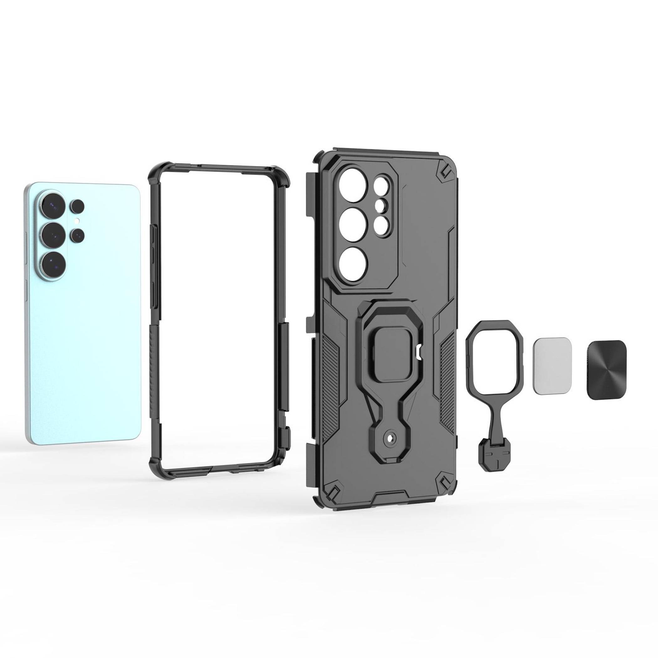 Explodierte Ansicht eines robusten Smartphone-Schutzhüllen-Sets, das ein Telefon, einen Schutzrahmen, eine Rückseite und Zubehörteile in separaten Teilen zeigt.