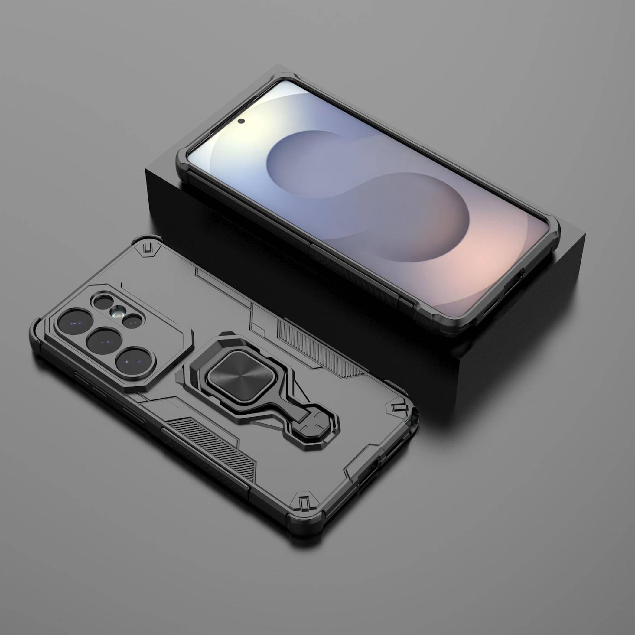Zwei robuste Smartphone-Hüllen, eine zeigt die Vorderseite und eine die Rückseite mit Kameraausschnitt und integriertem Ständer, auf grauem Hintergrund.