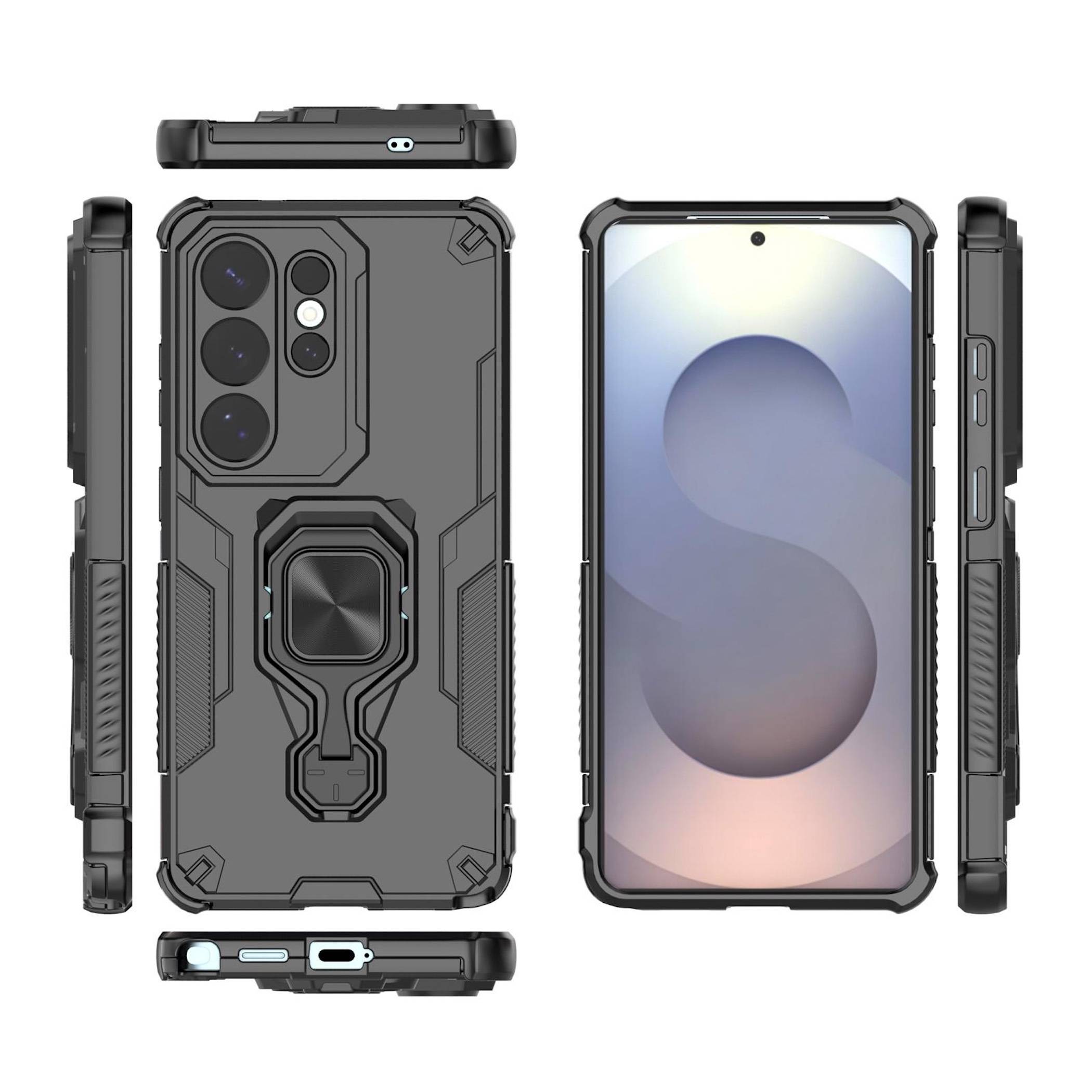 Schwarze robuste Smartphone-Hülle in mehreren Ansichten, mit integriertem Ringständer, verstärkten Ecken und Kameraausschnitten auf einem Telefondisplay-Mockup.