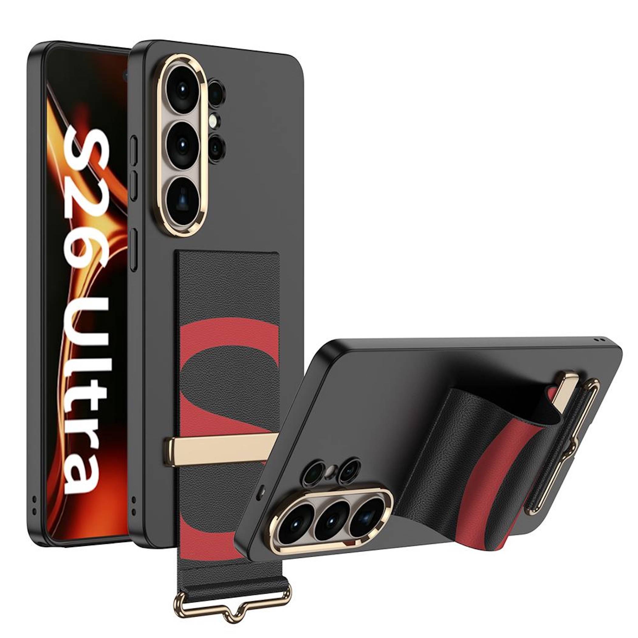 Schwarze Samsung S26 Ultra Handyhülle mit integriertem roten magnetischen Ständer, dargestellt in aufrechter und horizontaler Position, mit Hervorhebung der dreifachen Kameraaussparung und des Ringhalter-Designs.