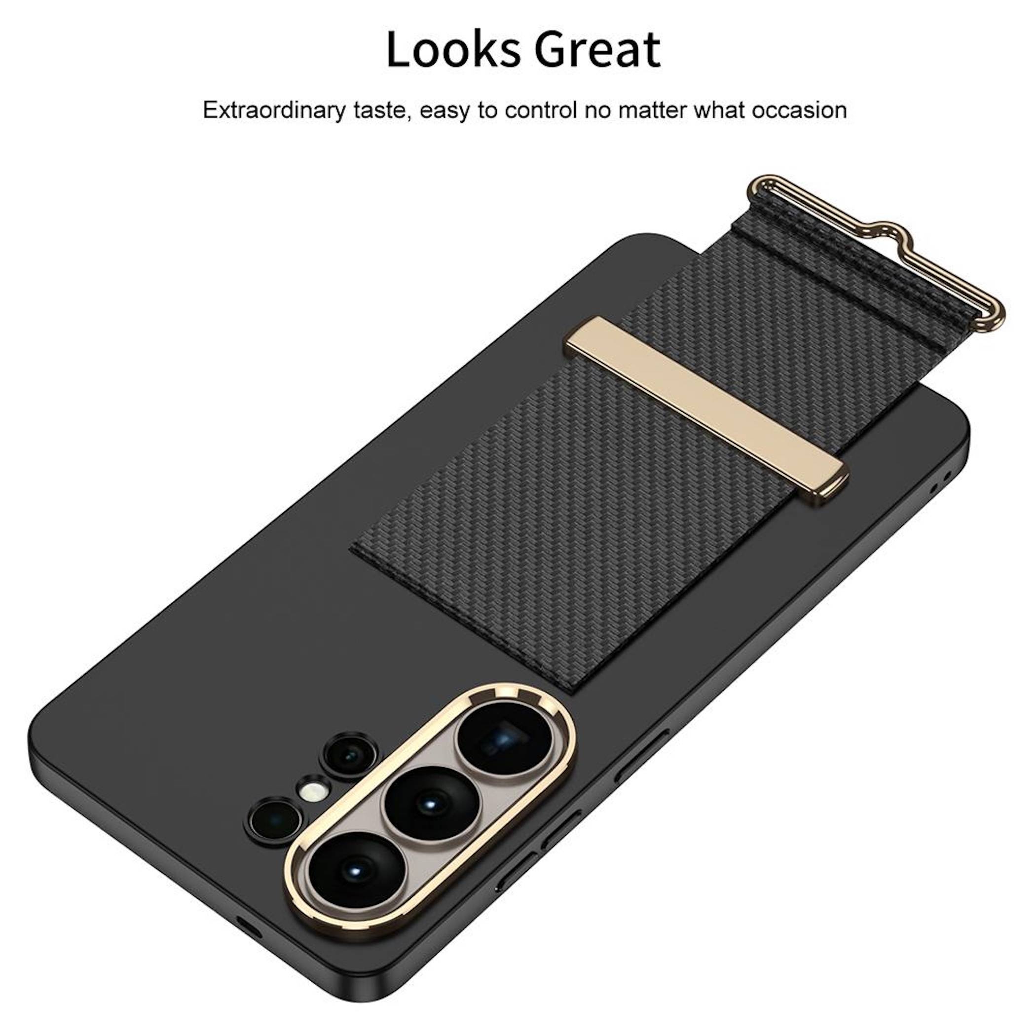 Schwarze Smartphone-Hülle mit strukturiertem Magnetband und goldenem Clip, gezeigt mit dem Text „Sieht großartig aus