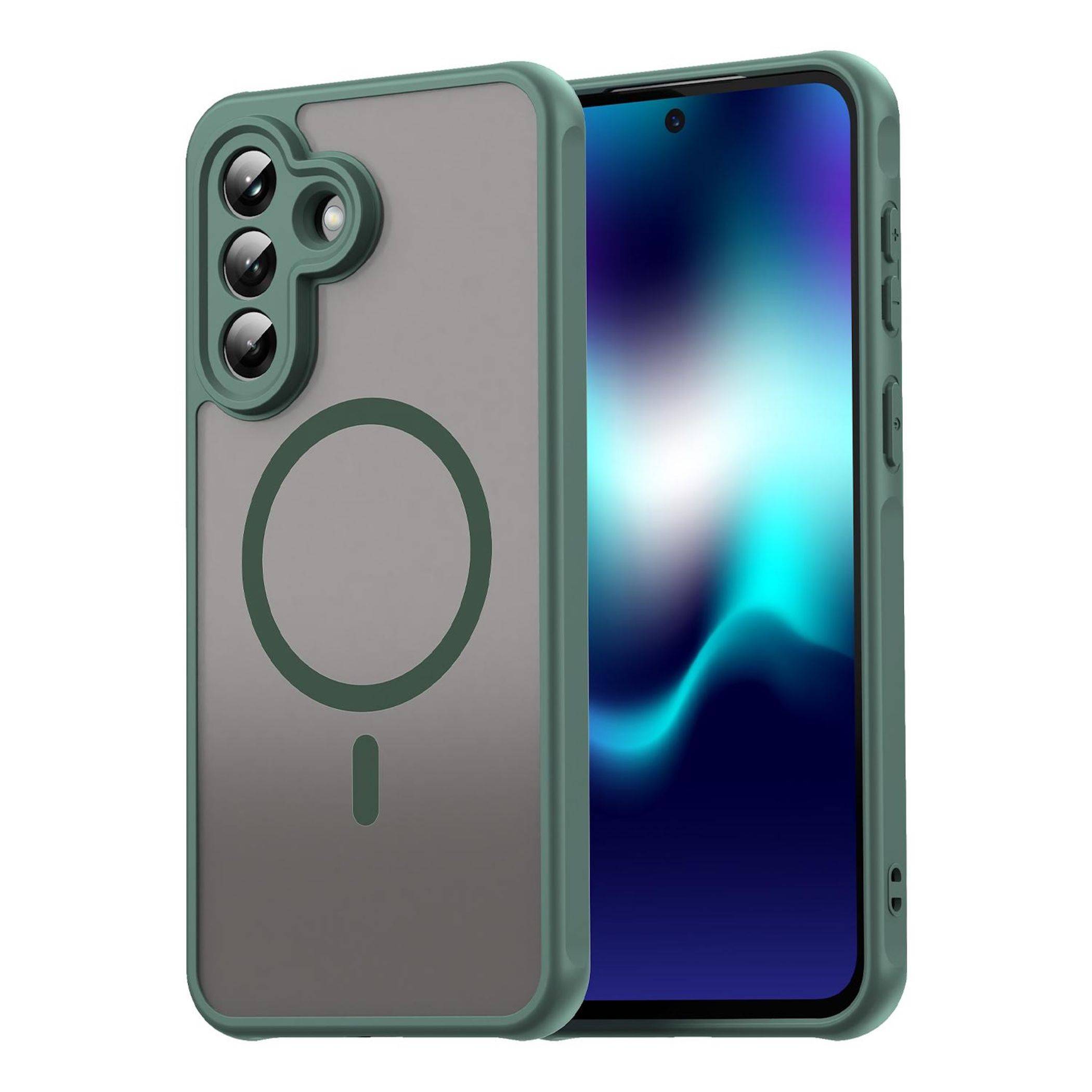Grüne Smartphone-Hülle mit integriertem kreisförmigen MagSafe-Ring und dreifachem Kameraausschnitt, von vorne und hinten an einem Telefon gezeigt.