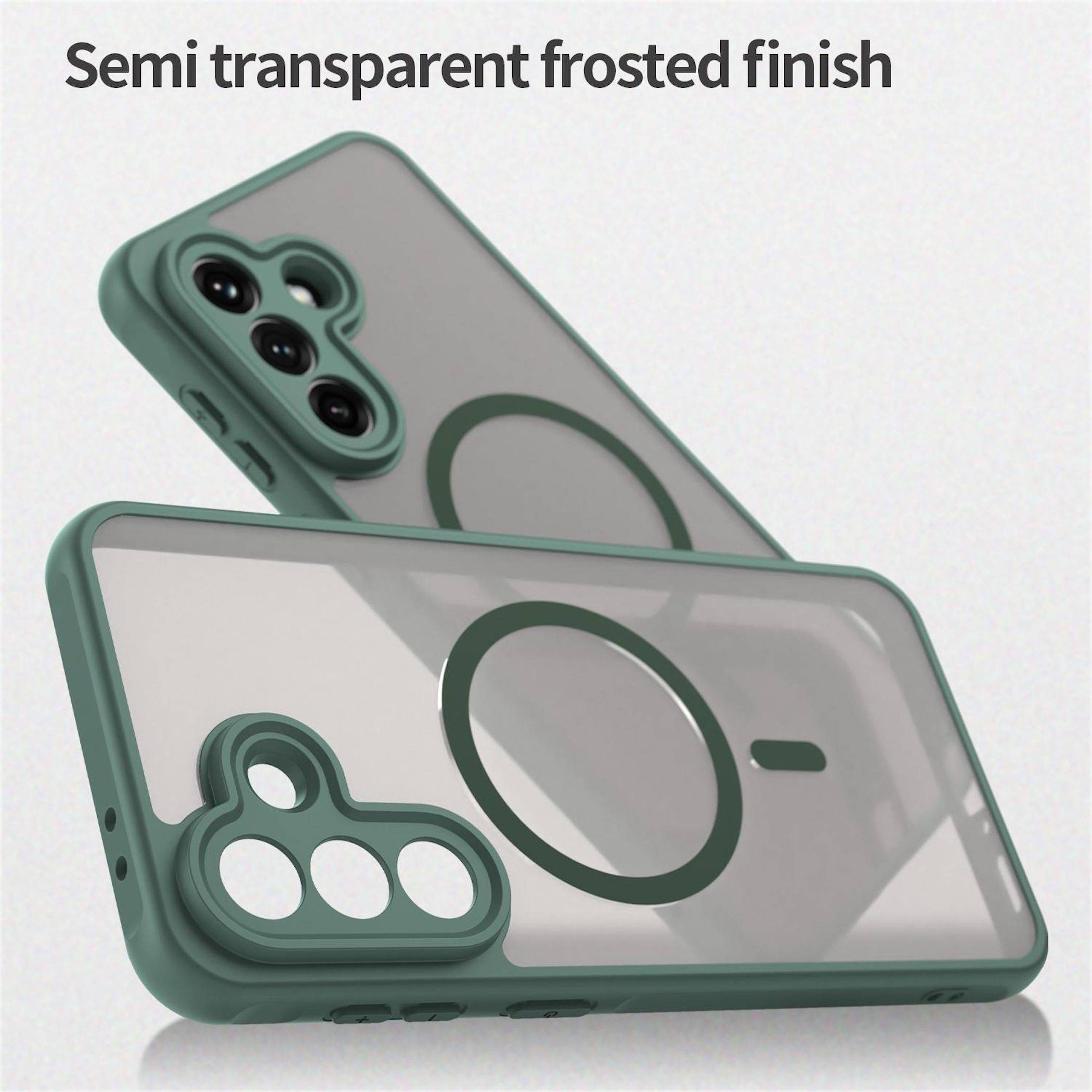 Zwei halbtransparente, mattierte Handyhüllen in Grün mit großem Kameraausschnitt und kreisförmigem MagSafe-Ring; der Text lautet „Semi-transparente, mattierte Oberfläche