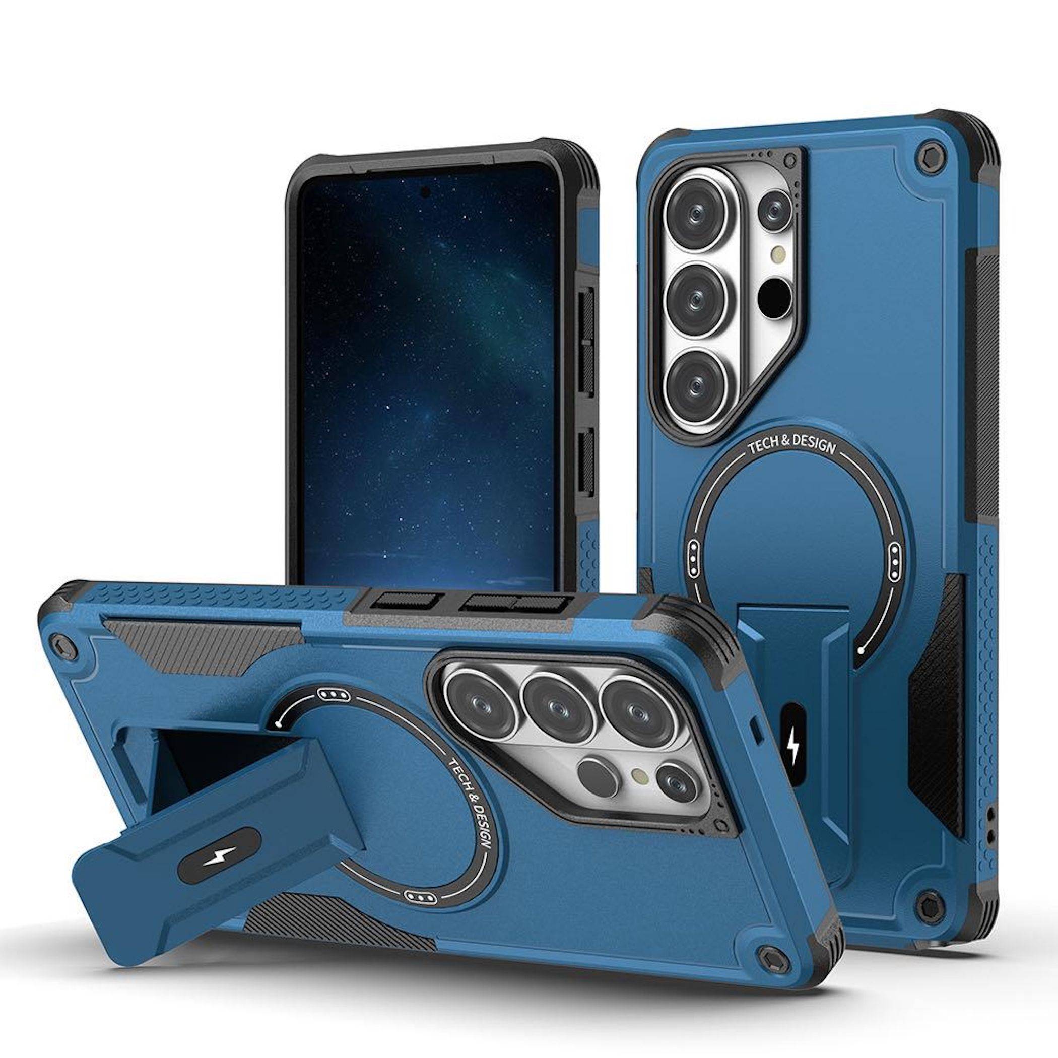 Drei blaue robuste Smartphone-Schutzhüllen, von vorne und von hinten gezeigt, mit integrierten Ringhaltern und verstärktem Kameraschutz.