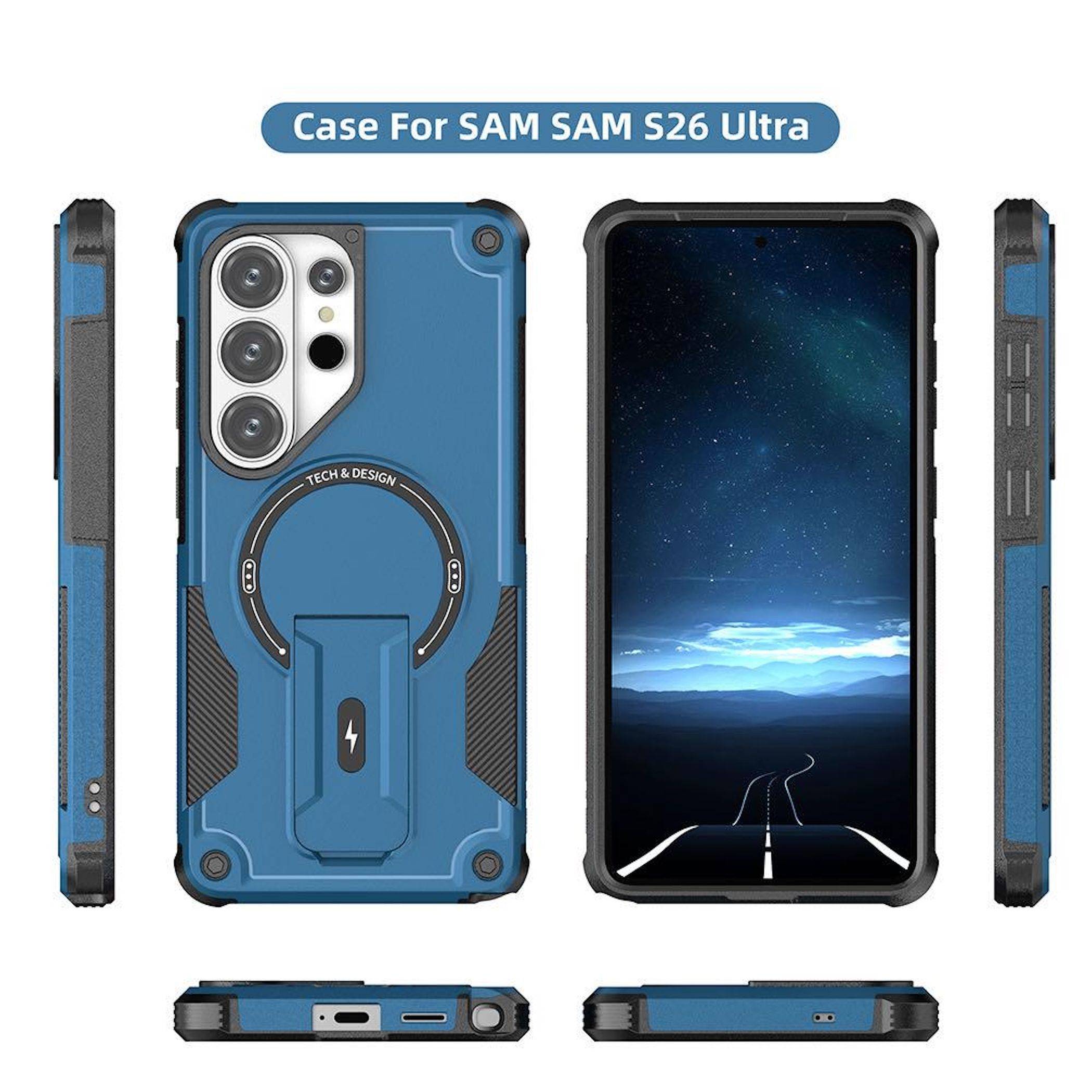 Blauer robuster Koffer für Samsung S26 Ultra, gezeigt von vorne, hinten, Seite, oben und unten.