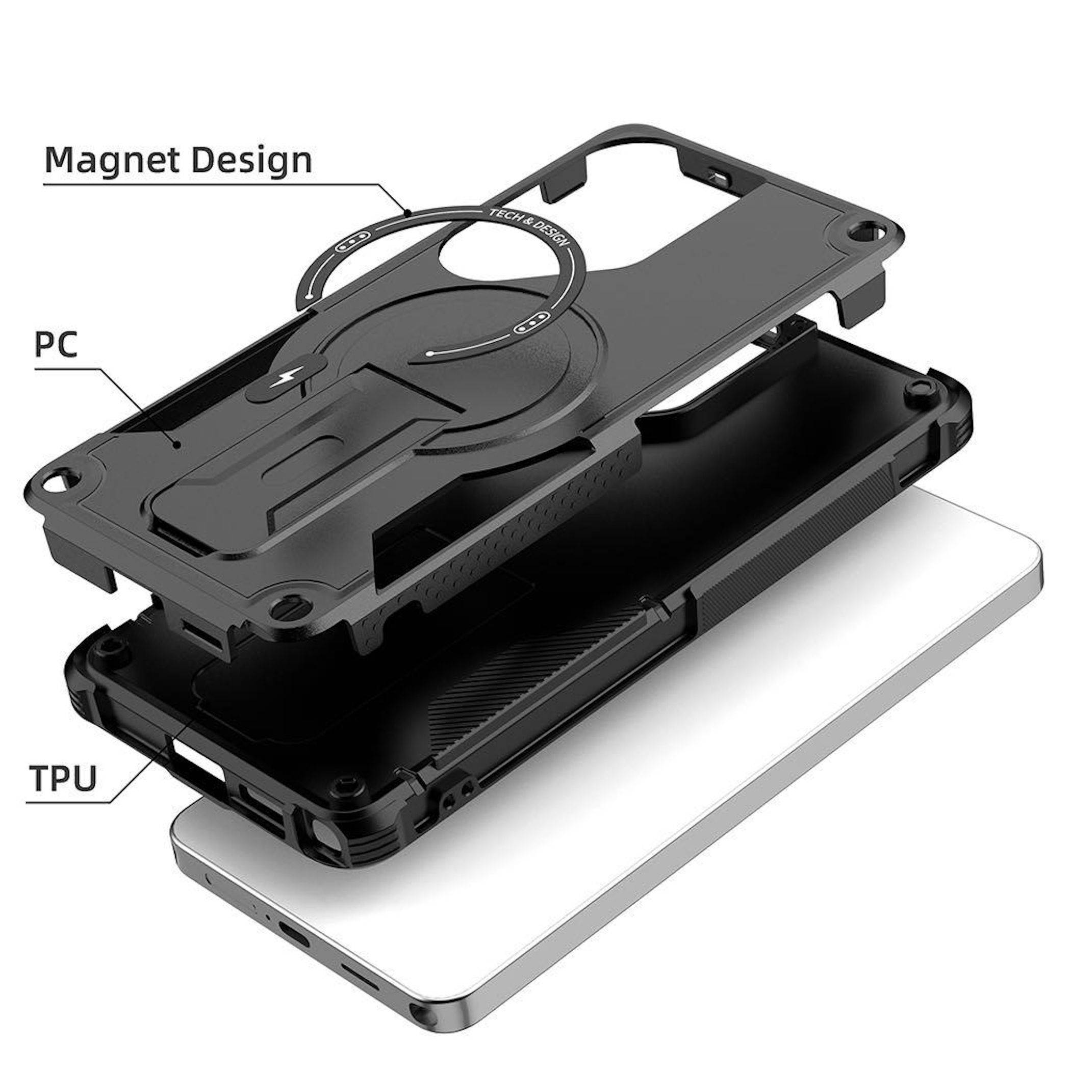 Explodierte Ansicht eines Handygehäuses mit geschichteten Materialien: PC-Außenschale, TPU-Innenrahmen und eine magnetische Ringhalterung auf einem Smartphone.