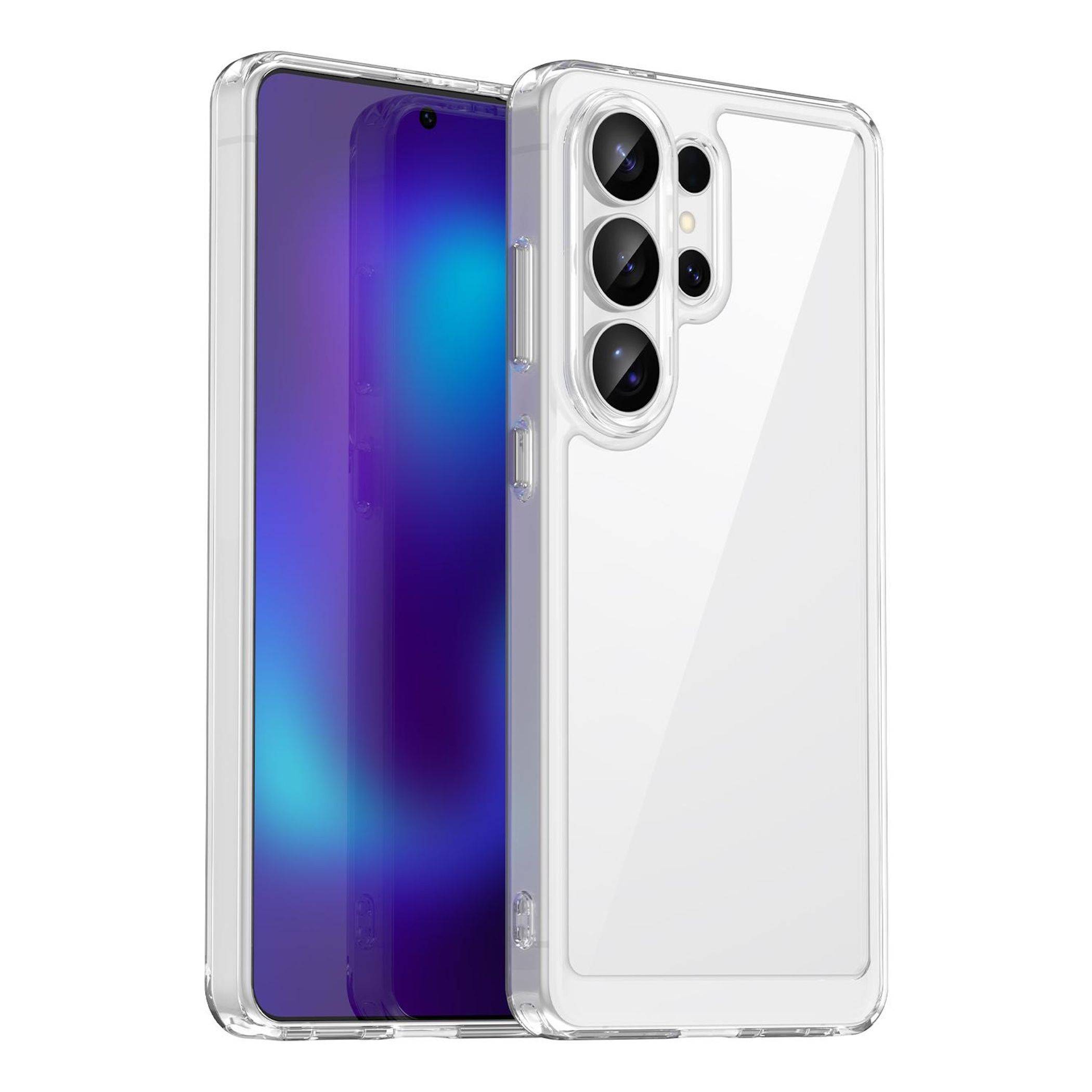 Transparente Schutzhülle für Smartphones, Vorder- und Rückseite gezeigt, mit hervorgehobener Transparenz und erhöhtem Multi-Kamera-Ausschnitt.