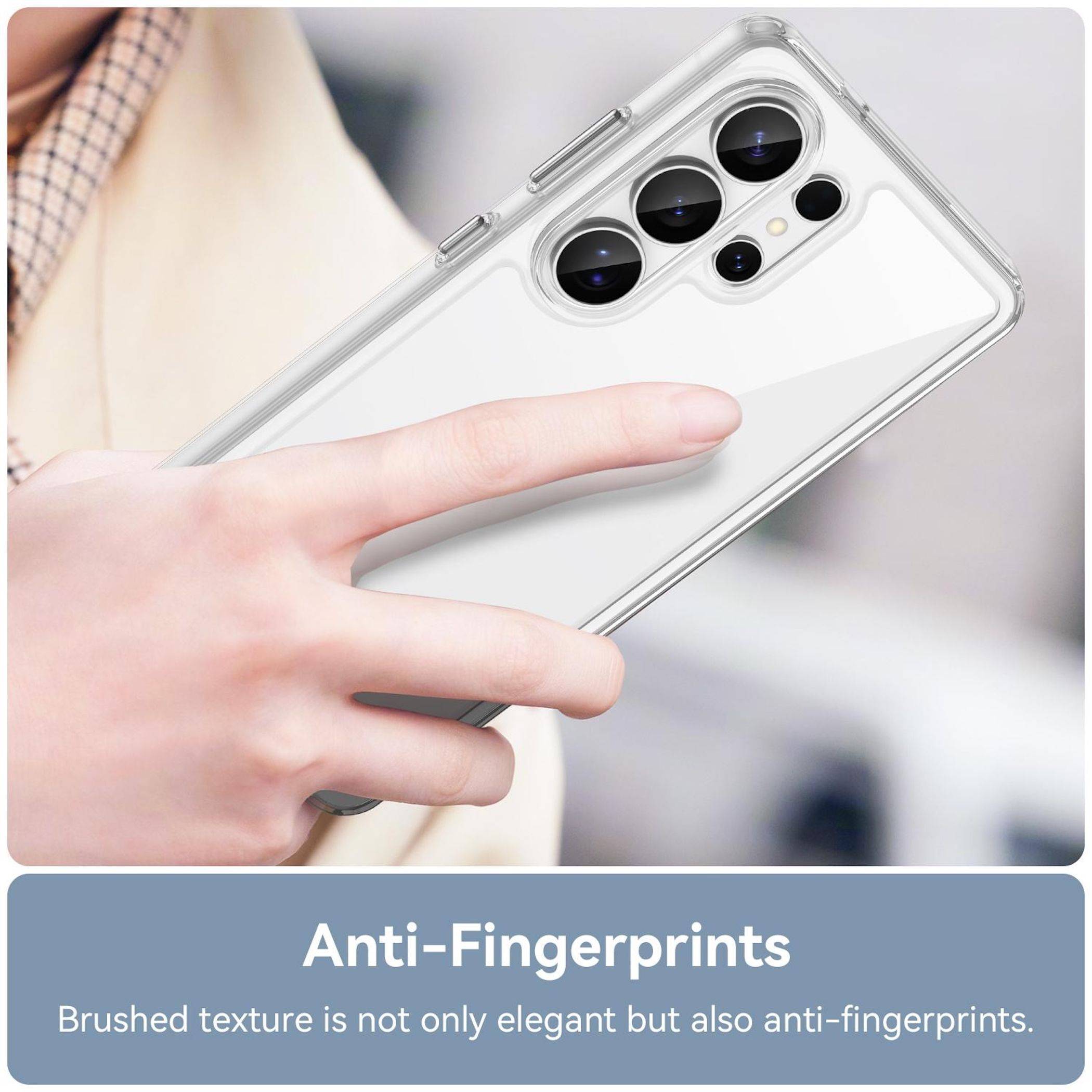 Hand hält ein weißes Smartphone in einer durchsichtigen Hülle; Die Bildunterschrift lautet „Fingerabdruckfrei
