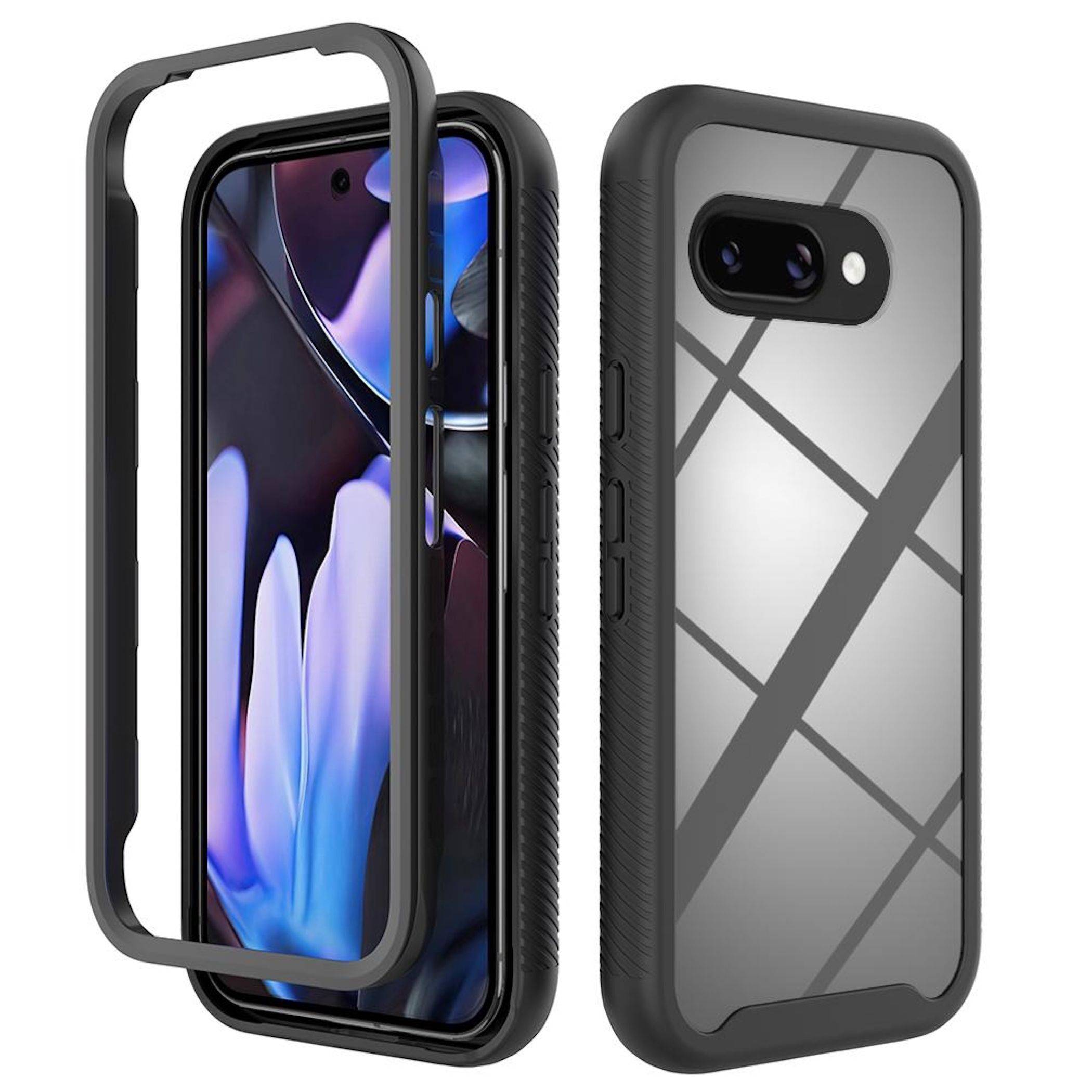 Schwarze Smartphone-Schutzhülle mit klarer Rückseite und vorderer Rahmung, gezeigt von vorne und von hinten auf einem Telefon.