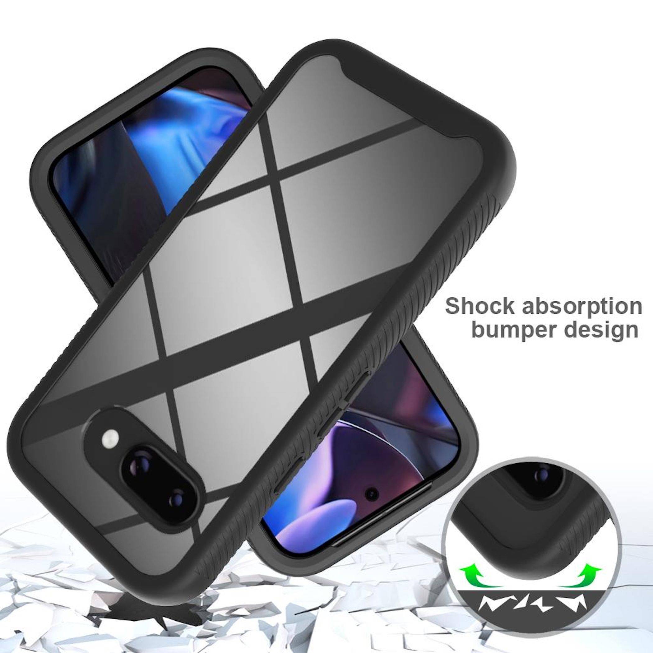 Schwarze Smartphone-Schutzhülle mit strukturiertem stoßabsorbierendem Bumper-Design, das ein Telefon auf einer gerissenen Oberfläche schützend zeigt.