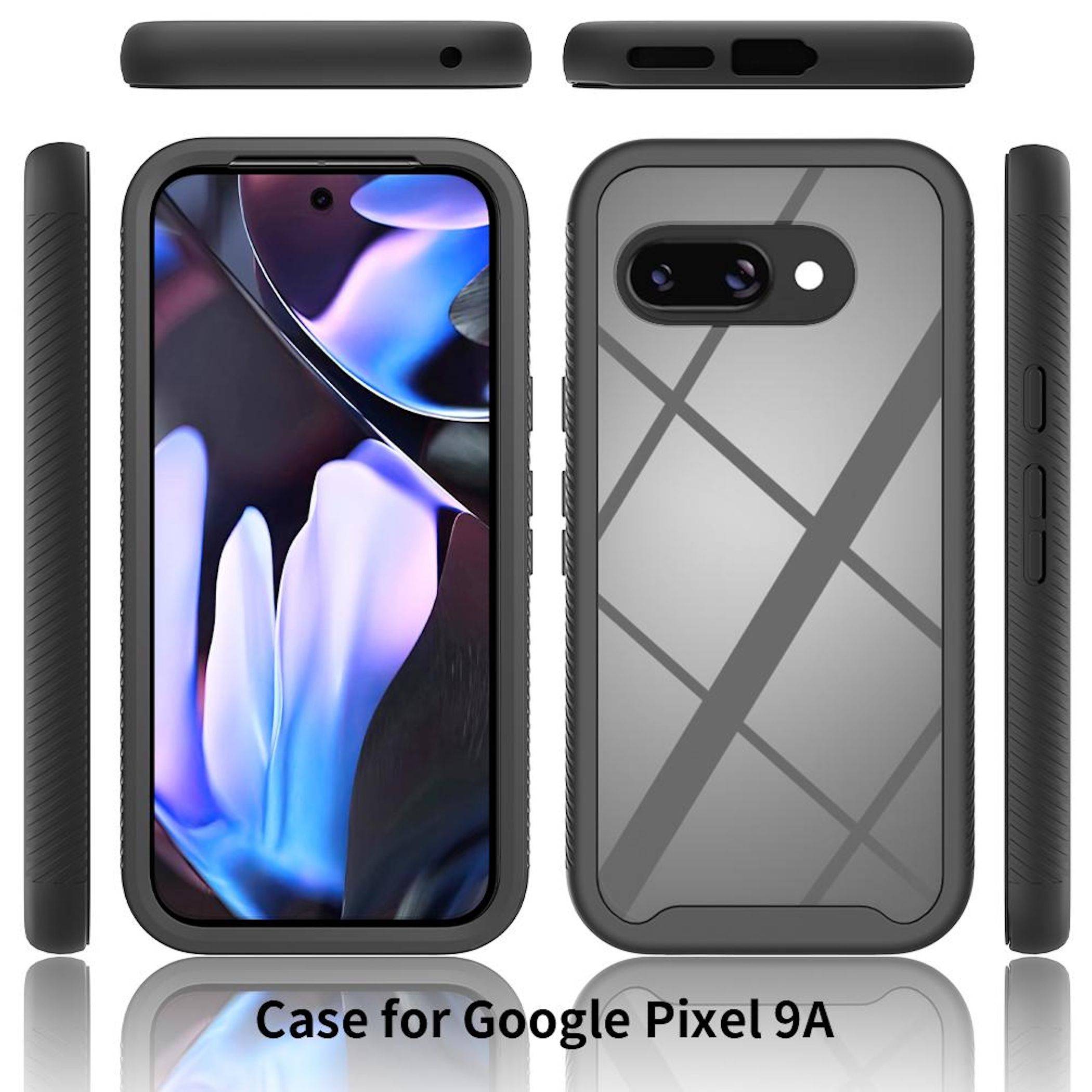 Schwarze Schutzhülle für Google Pixel 9A von vorne, hinten, oben und von der Seite gezeigt, mit Kameraausschnitt und strukturiertem Griff.