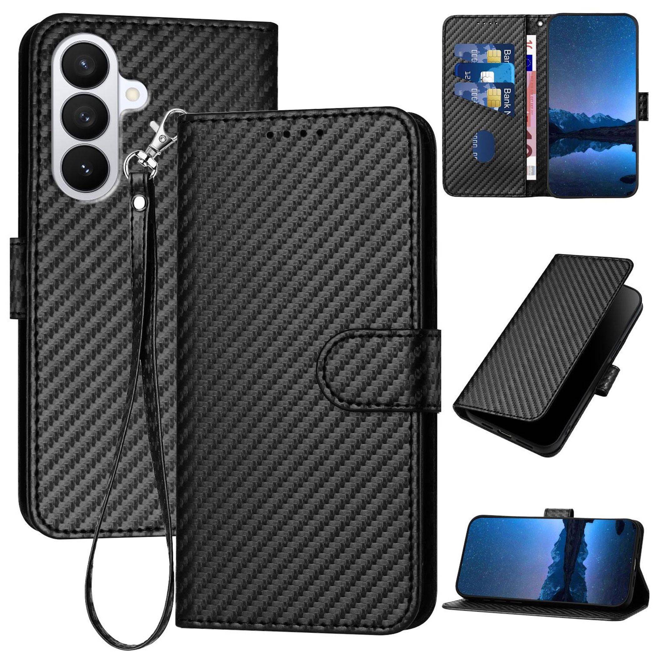 Schwarze Handygeldbörse im Carbonfaser-Stil mit Riemen, Kartensteckplätzen und Standfunktion, gezeigt offen und geschlossen auf einem Smartphone.