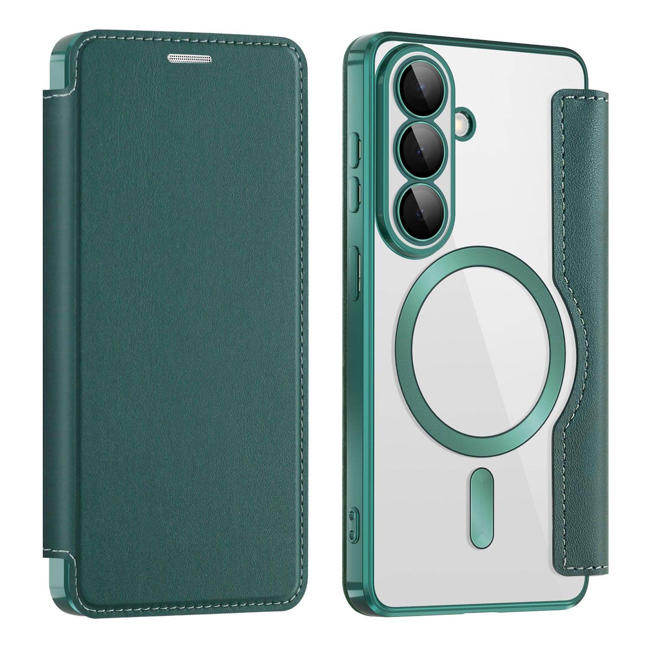 Grüne Lederbrieftasche Handyhülle von vorne und hinten gezeigt, mit Klappdeckel, Kartenfach und MagSafe-ähnlichem Ring um die Kameraaussparung.