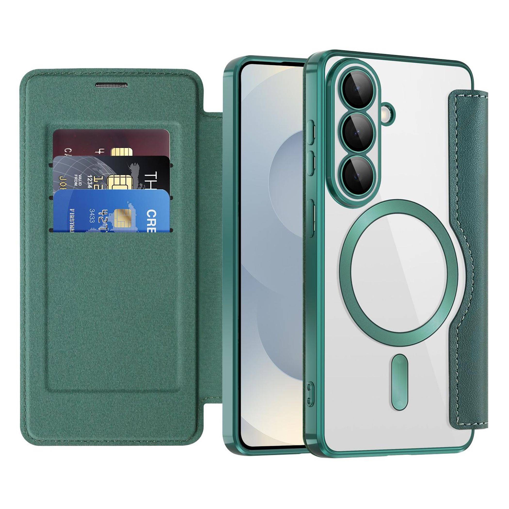 Grüne Smartphone-Hülle im Folio-Stil mit Kartensteckplätzen, geöffnet neben einem Telefon dargestellt, mit rückseitigem Ringständer und Kameraausschnitt.