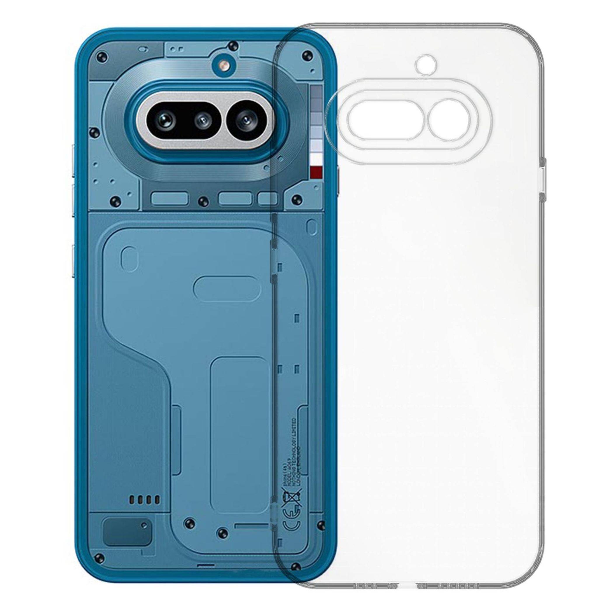 Transparente Handyhülle in blauer und transparenter Version gezeigt, mit erhöhtem Kamera-Ausschnitt und sichtbarem Design im internen Stil auf der Rückseite.