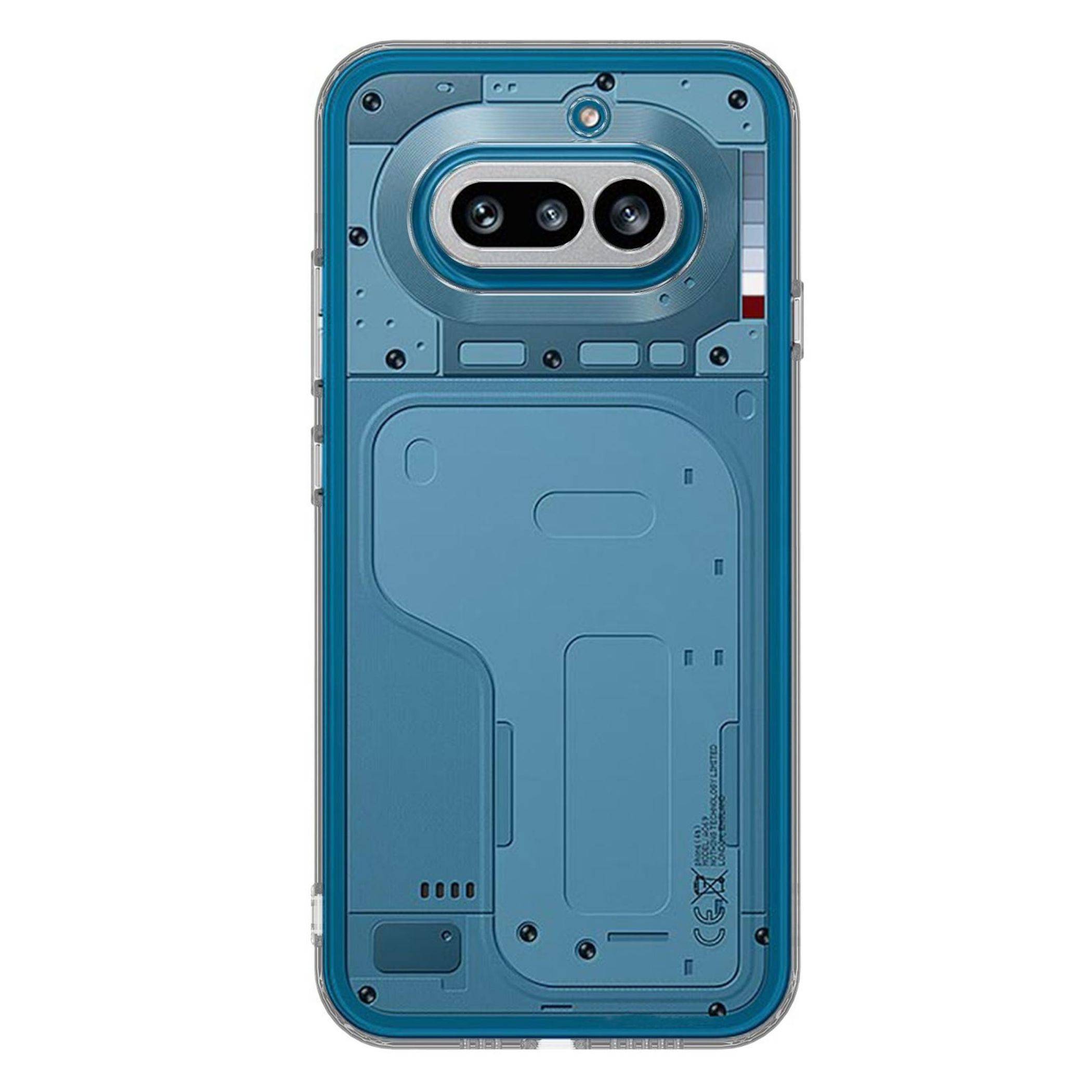 Blaues Smartphone-Hülle mit durchsichtigem Rücken, das ein mechanisches, Science-Fiction-Design zeigt, und dreifacher Kameraausschnitt oben.