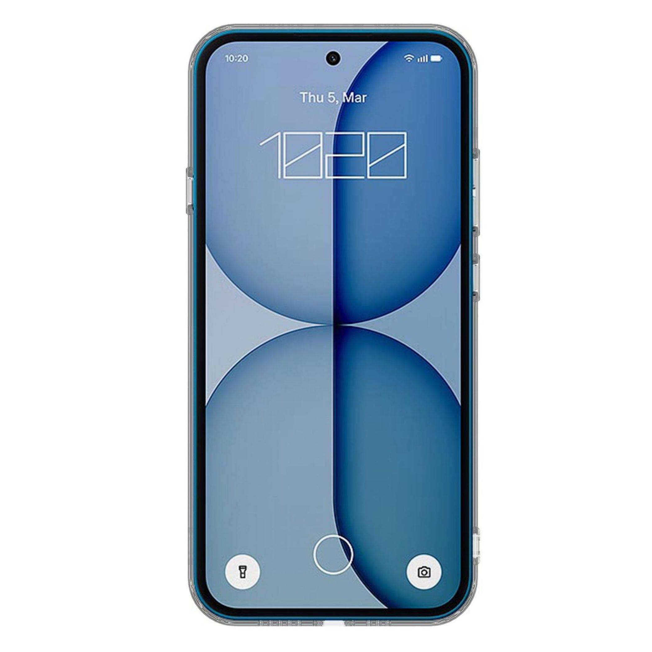 Ein Smartphone-Sperrbildschirm mit blauem abstraktem Kreisen-Hintergrundbild, auf dem 