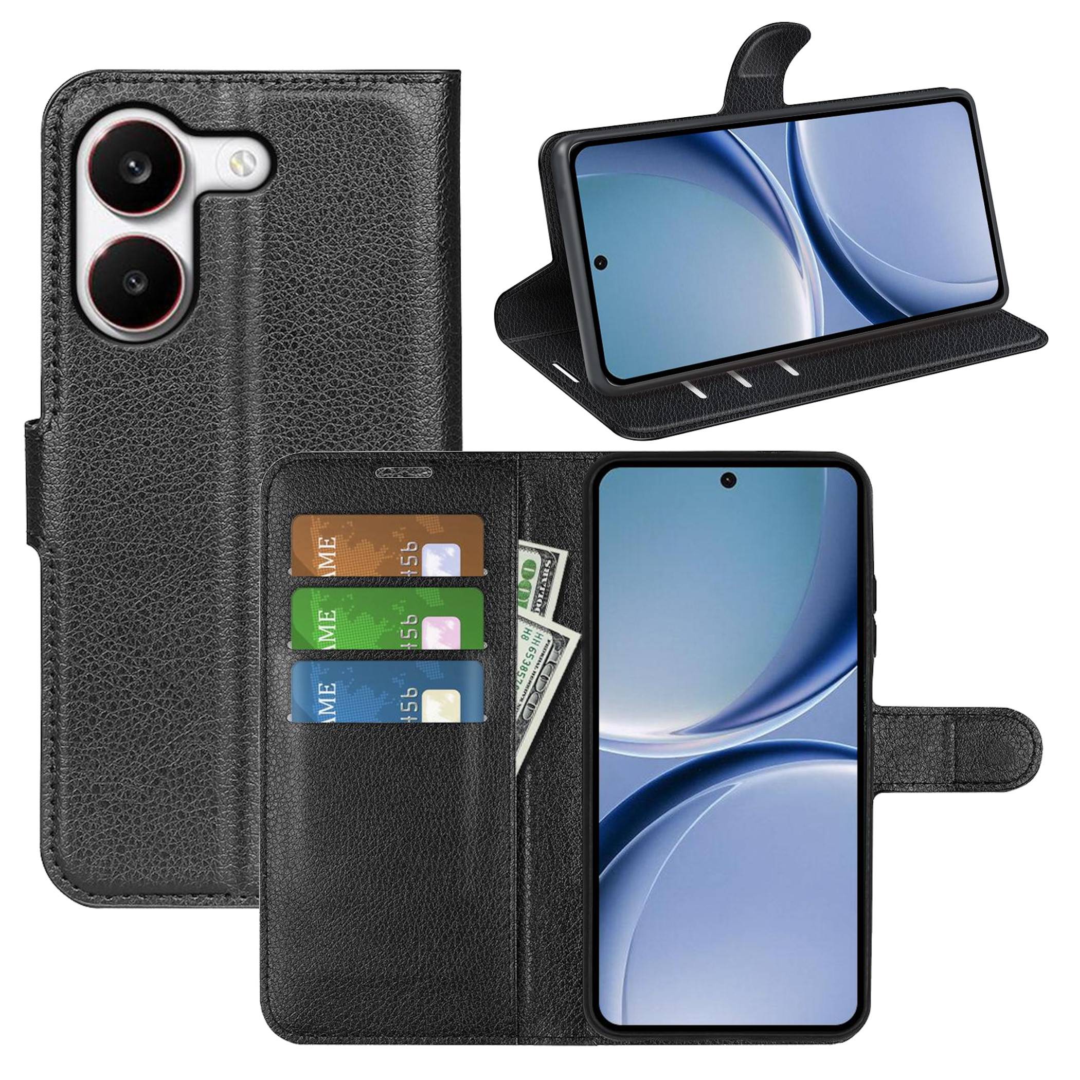 Schwarze Leder-Look-Handygeldbörse gezeigt zugeklappt, offen mit Kartensteckplätzen und Geldtasche, und aufgestellt als Ständer für die Ansicht im Querformat.