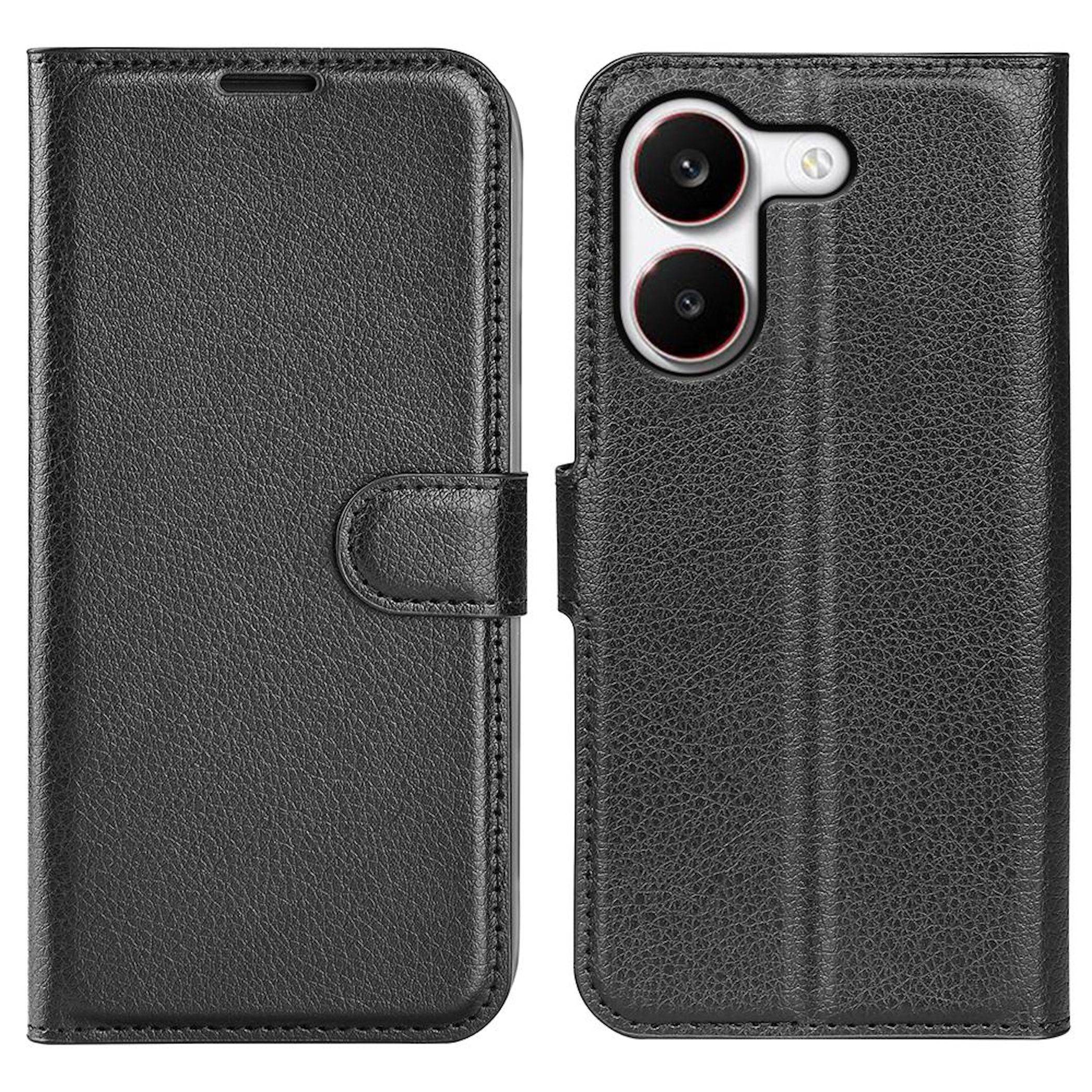 Schwarze Smartphone-Brieftaschenhülle im Lederstil, geöffnet dargestellt, mit Vorderdeckel, magnetischem Verschluss und dualem Kamera-Ausschnitt auf der Rückseite.