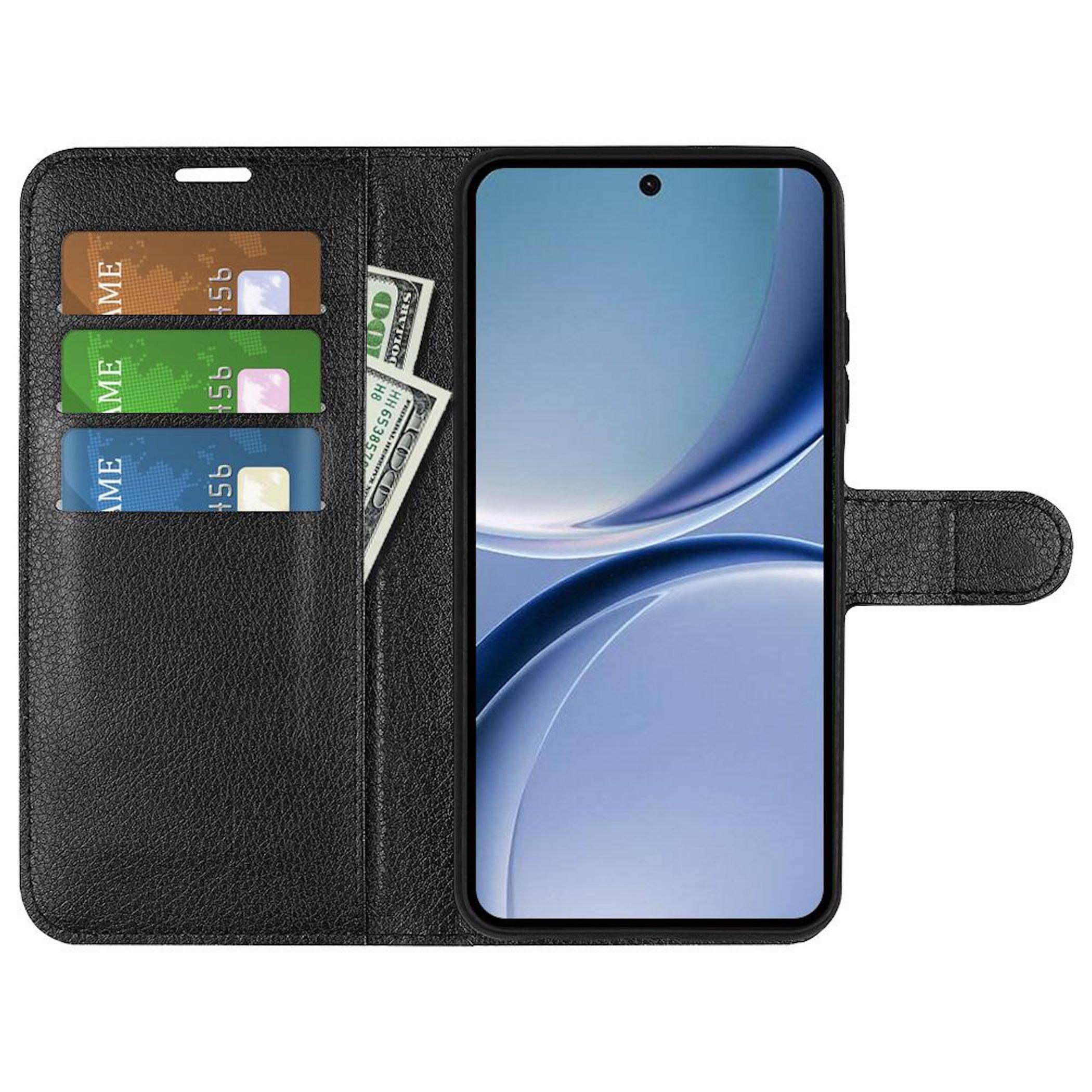 Schwarzes Brieftaschenetui für das Telefon mit einem Smartphone, mit Kartenschlitzen und Bargeld sichtbar in einem Folio-Schutzumschlag.