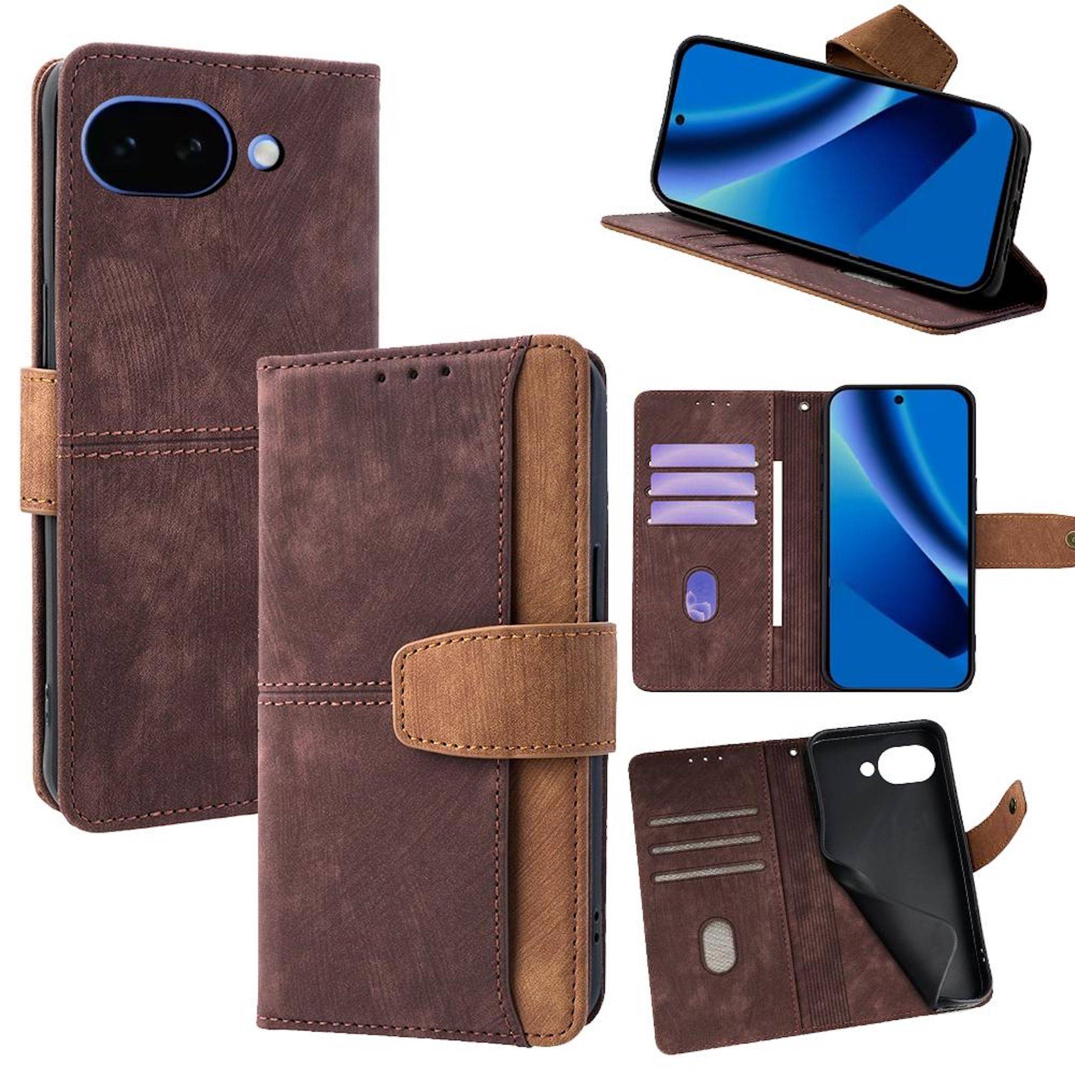 Lederetui für Smartphone mit Geldbörse, gezeigt von vorne und hinten mit Kartensteckplätzen, magnetischem Verschluss, Ständerfunktion und Kameraausschnitt.