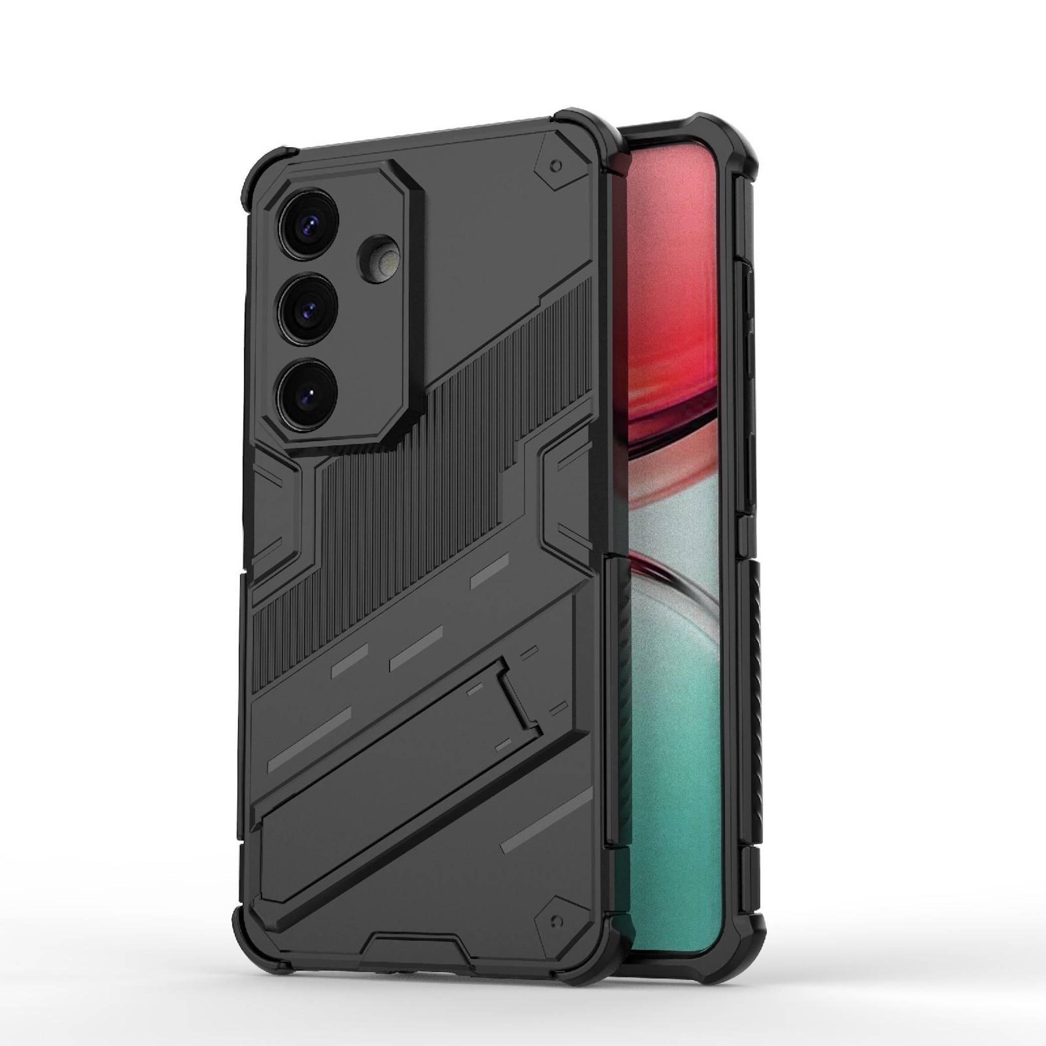 Schwarze robuste Smartphone-Schutzhülle auf einem Telefon gezeigt, mit erhöhten Kanten, kantigem Armor-Design und dreifachen hinteren Kamera-Ausschnitten.