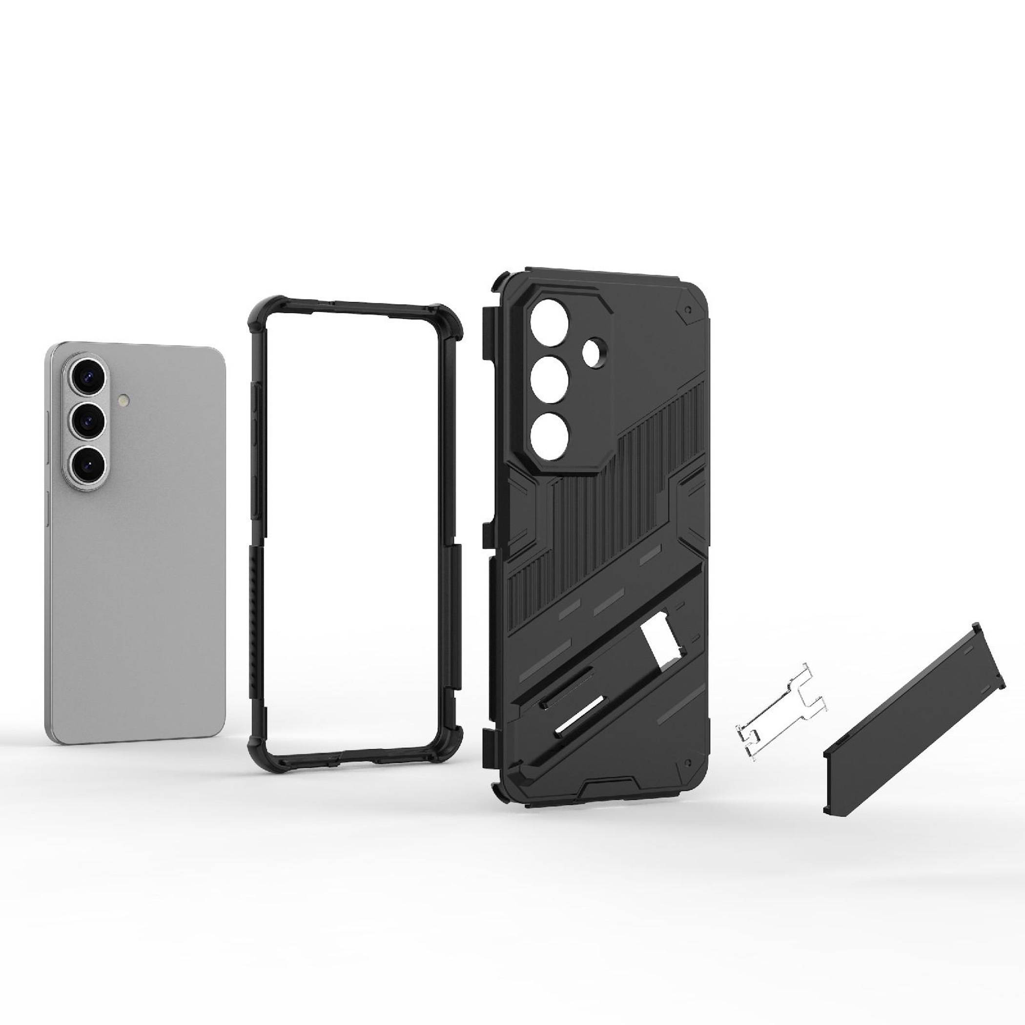 Zerlegtes robustes Smartphone-Etui, gezeigt mit einem Telefon, innerer Stoßfängerzarge, Außenschale und zwei kleinen Montageteilen auf weißem Hintergrund.