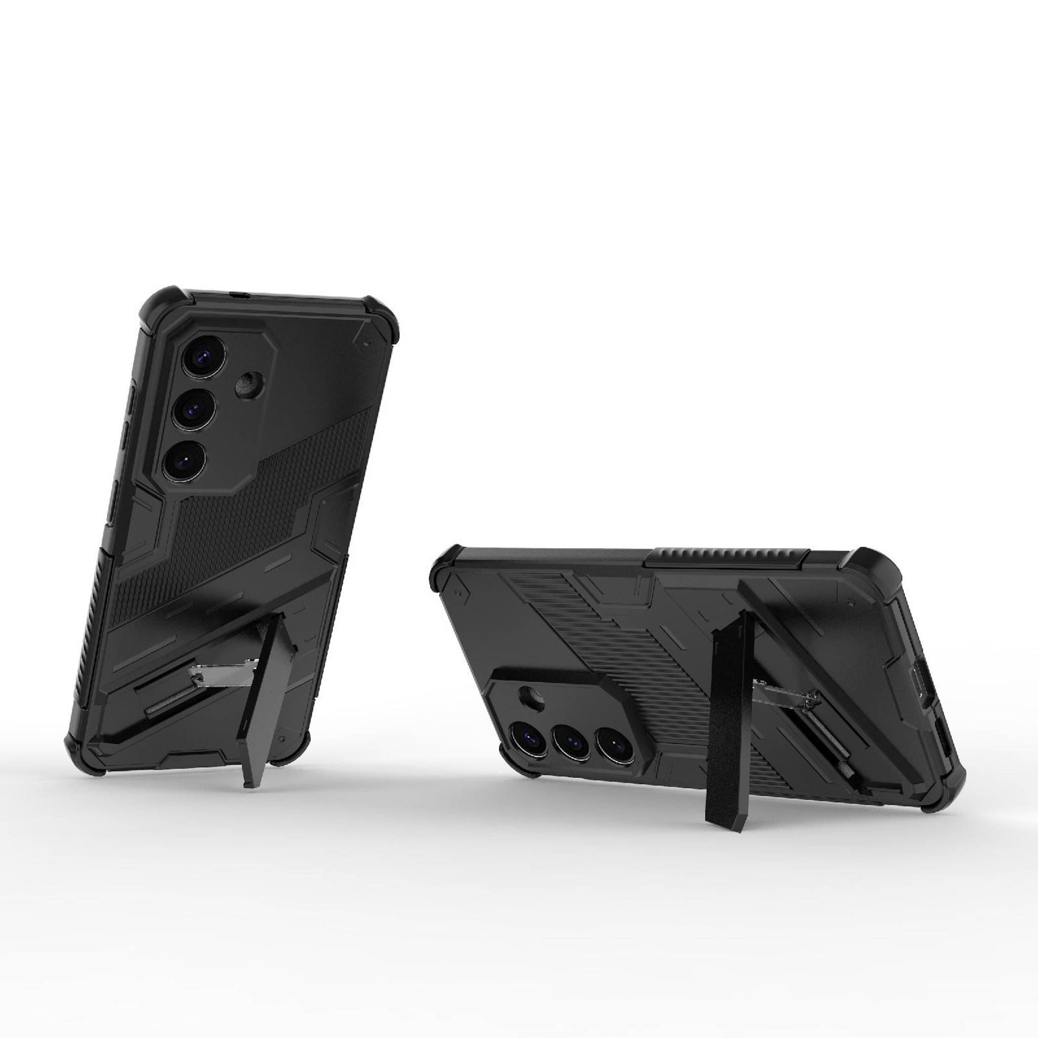 Zwei schwarze robuste Smartphone-Hüllen mit integrierten Ständern, eine aufrecht stehend und eine flach auf weißem Hintergrund liegend.