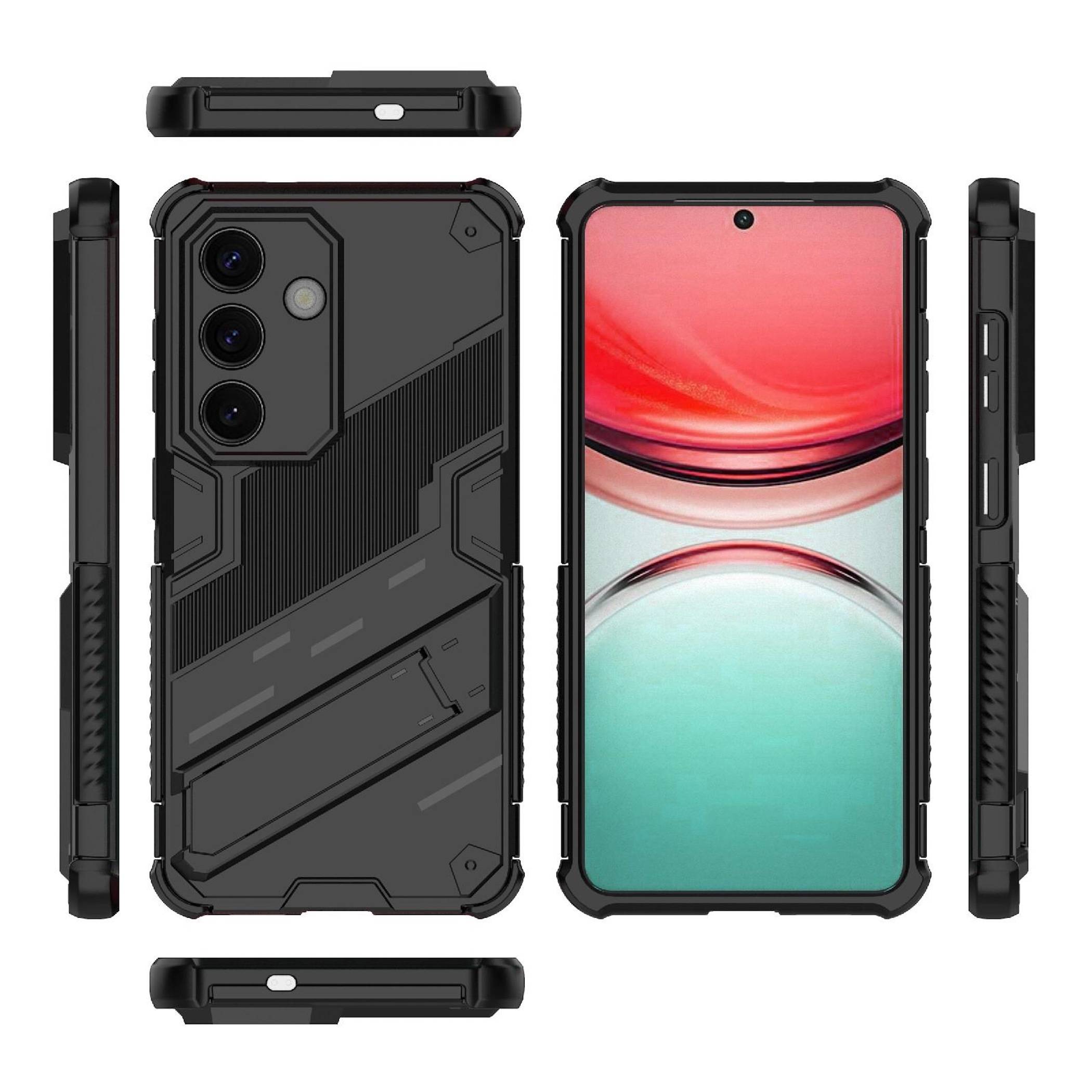 Robustes schwarzes Smartphone-Gehäuse, gezeigt von vorne, hinten, oben und von der Seite, mit erhöhten Kanten und strukturiertem Schutzdesign.