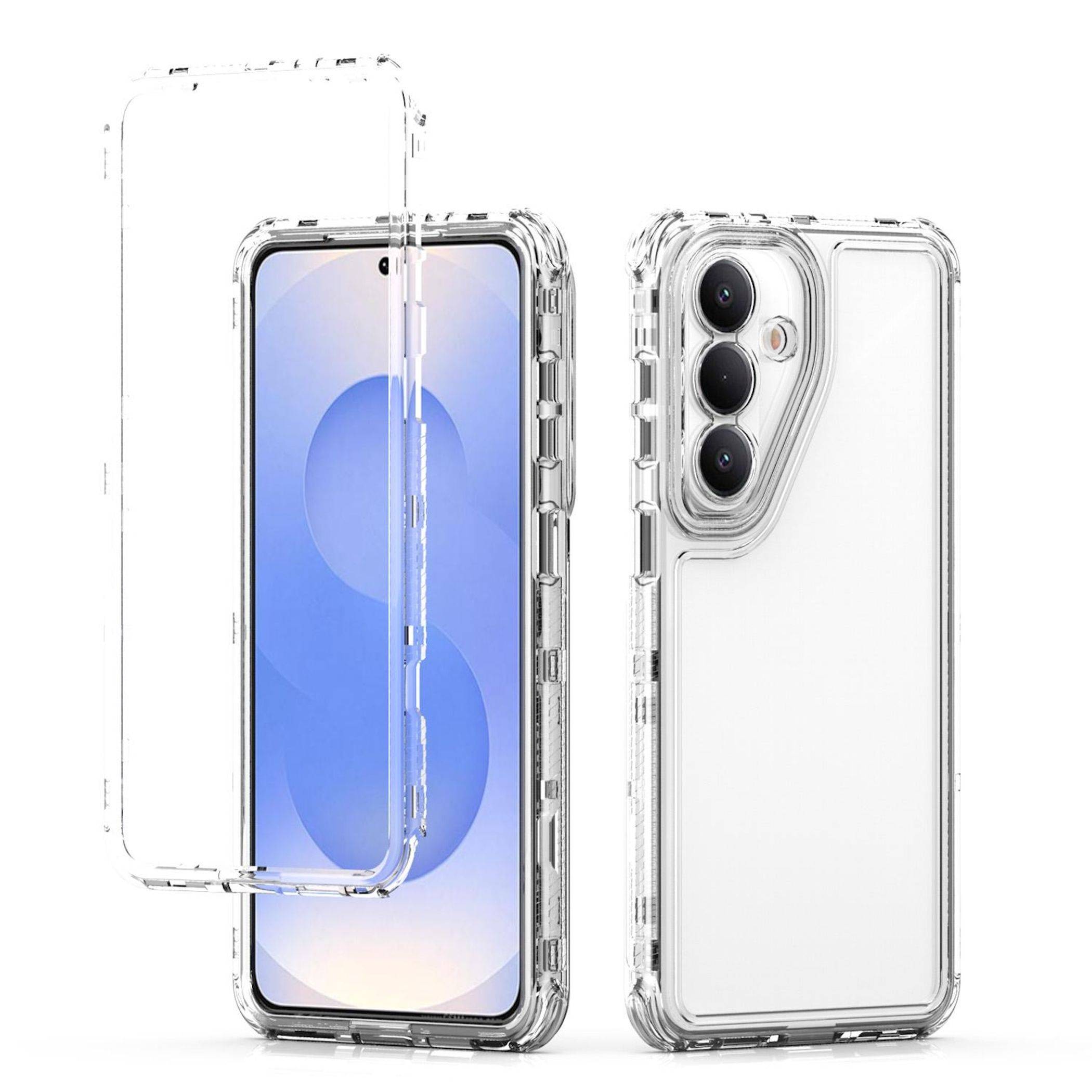 Durchsichtiges Schutzcase für Smartphones von vorne und hinten gezeigt mit einem Telefon im Inneren, das das transparente Design und den erhöhten Kameaschutz hervorhebt.