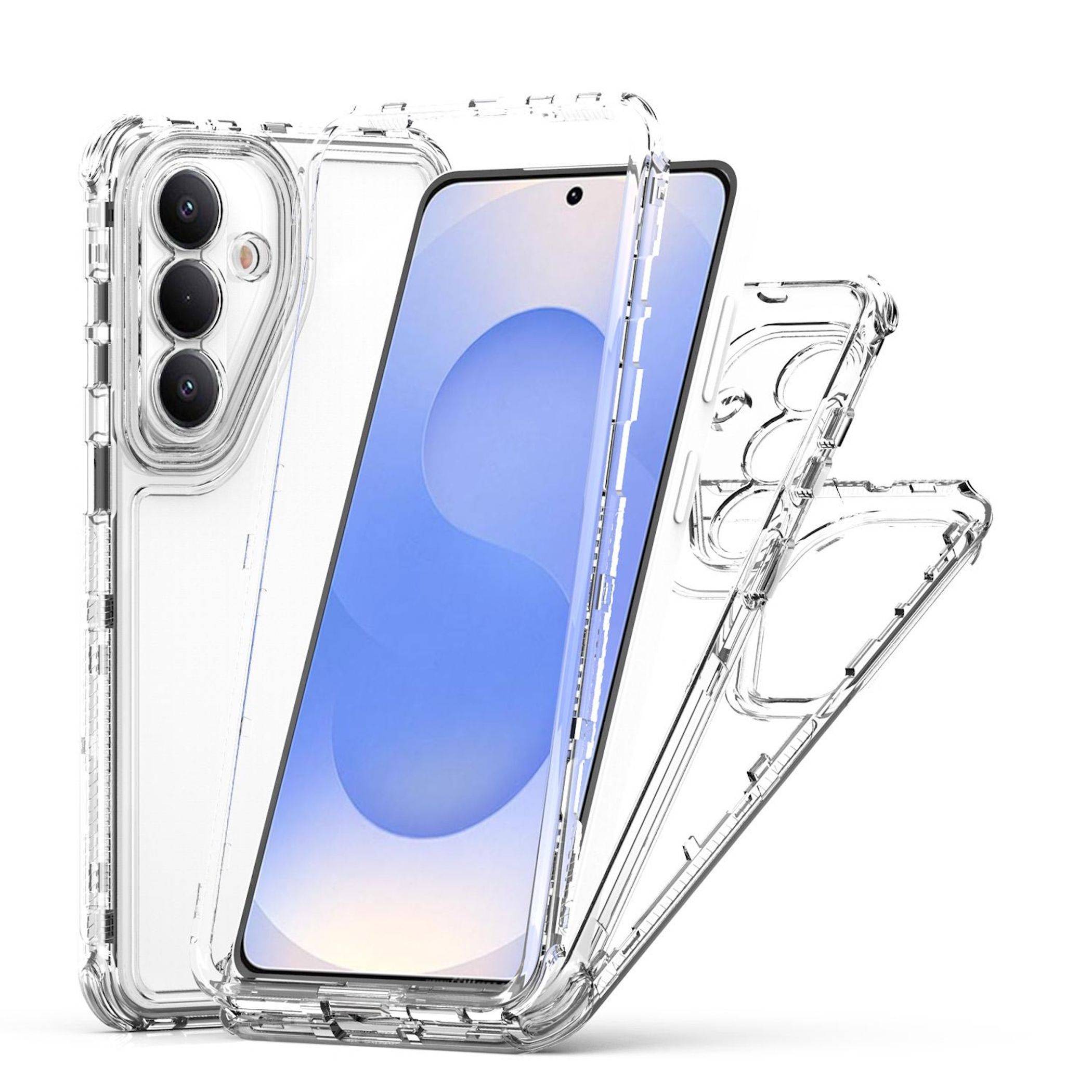 Transparente Schutzhandyhülle auf einem Smartphone gezeigt, mit mehreren Ansichten, die das transparente stoßdämpfende Design und die Kameraaussparung hervorheben.