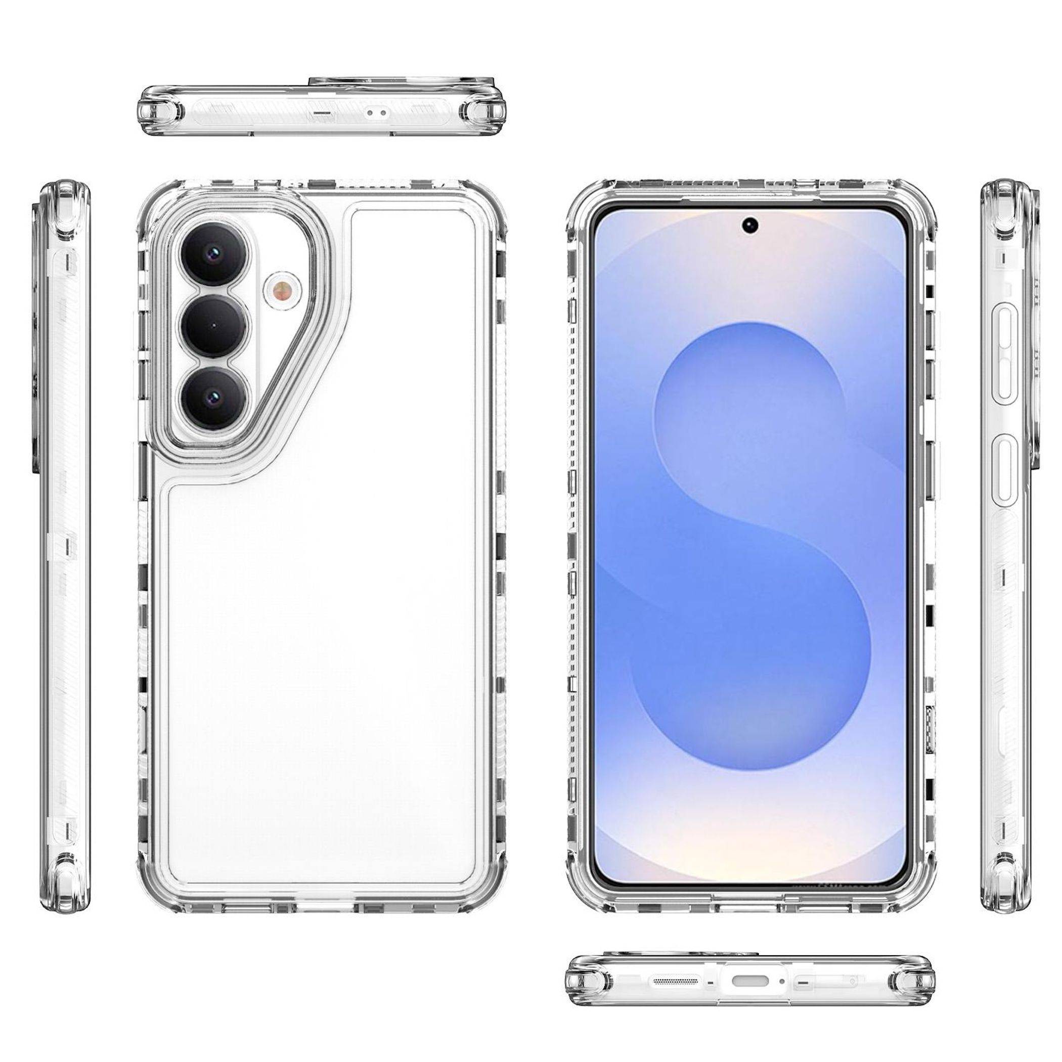 Transparente Schutzhandyhülle, von vorne, hinten, von den Seiten, von oben und von unten auf einem Smartphone mit dreifacher Rückfahrkamera gezeigt.