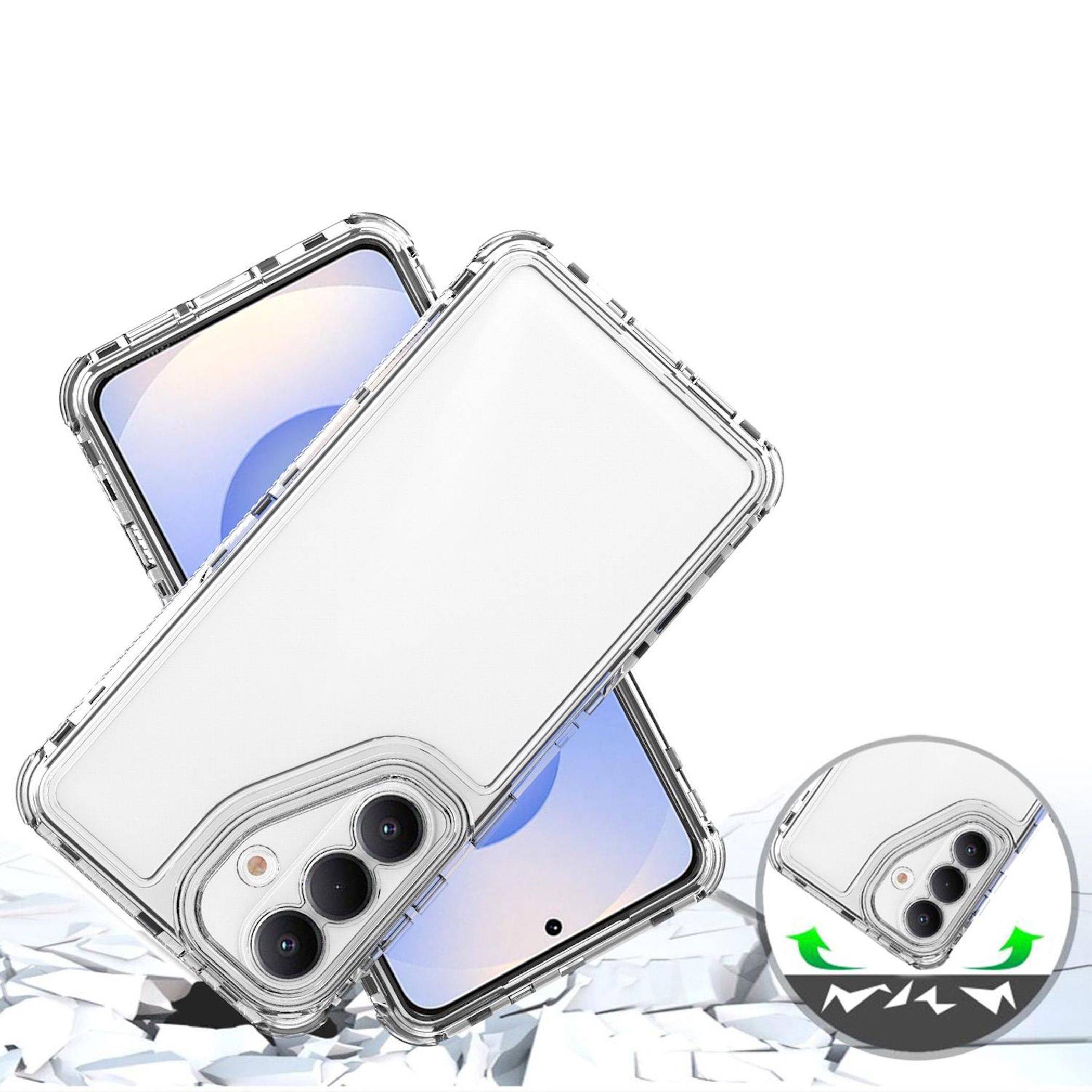 Zwei transparente Handyhüllen auf Smartphones gezeigt, mit einer Nahaufnahme der rückseitigen Kameraaussparung und einer kleinen Einschubgrafik, die erhöhten Kantenschutz um den Kamerabereich anzeigt.