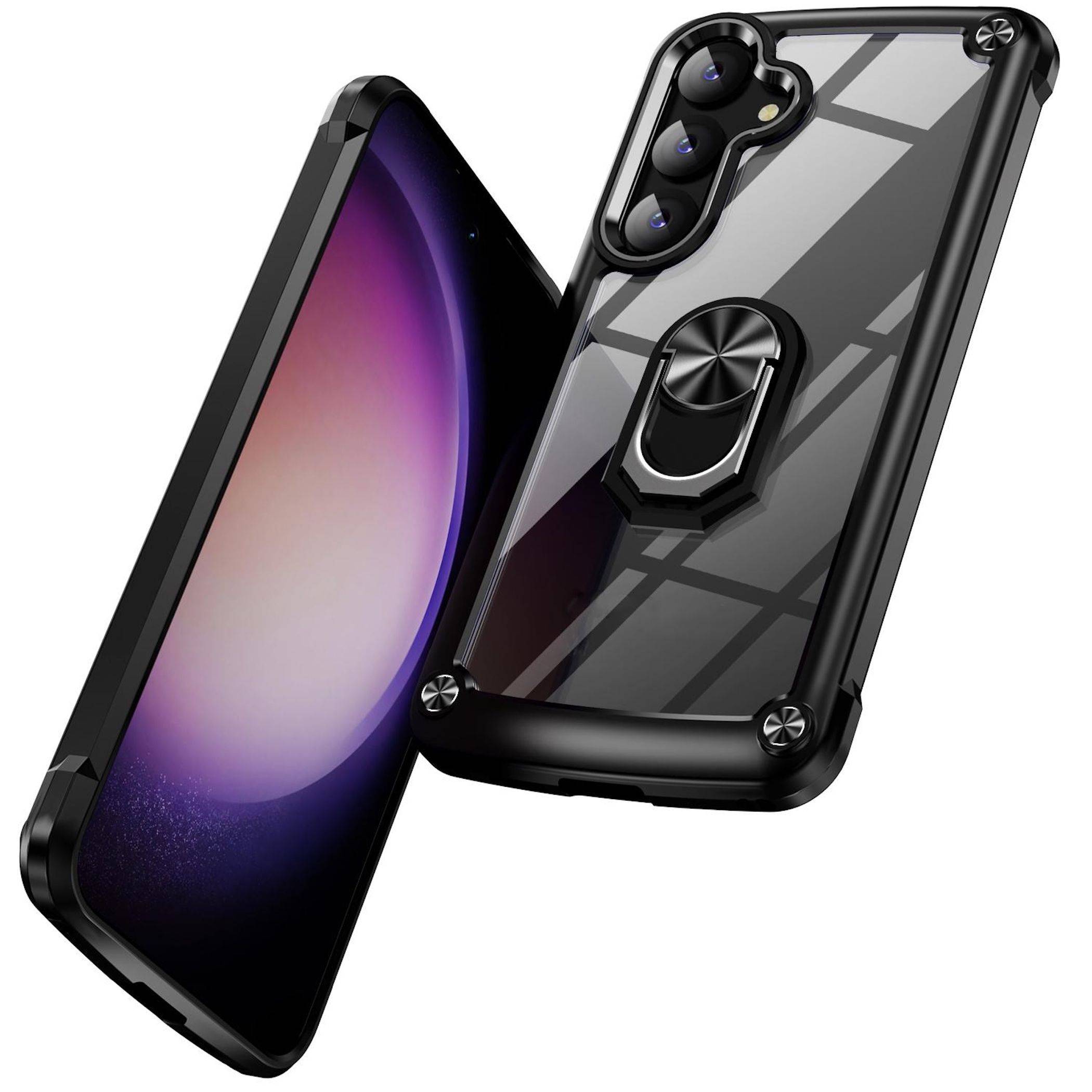 Zwei Smartphones in robusten schwarzen Schutzhüllen, eines zeigt den Bildschirm und das andere die Rückseite mit Kameraausschnitt und Ringständer.